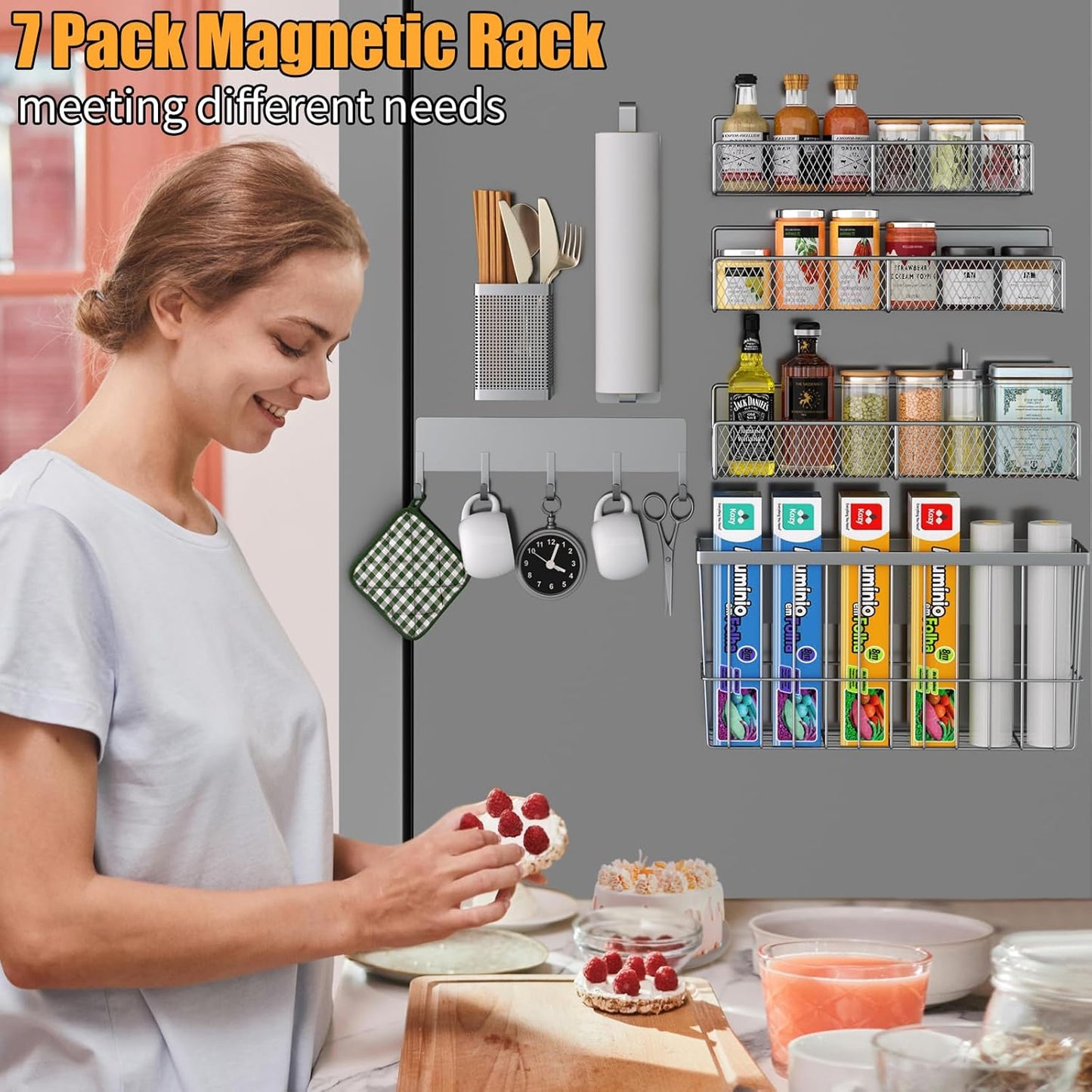 DTUQYX Magnetic Spice Rack for Refrigerator, 7 Pack Metal Magnetic Shelf, Moveable Magnetic Storage Fridge Organizer Grey, Spice Organizer, Hook Rack, Paper Towel Holder, Cutting Board Holder, HM5471