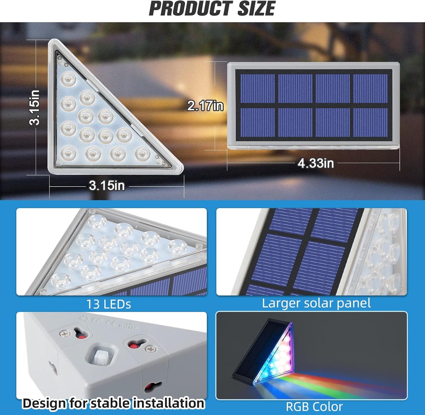 NIORSUN Solar Step Lights,6 Pack RGB Solid Color Changing Solar Stair Lights Outdoor Waterproof IP67 Auto On Off,Solar Lights for Steps,Stair,Patio,Yard,Porch,Front Door,Deck Decor