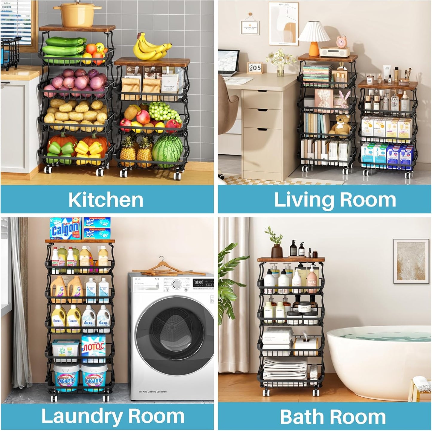 4 Tier Vegetable Fruit Basket for Kitchen, Stackable Metal Fruit and Vegetable Storage Baskets with Rolling Wheels Cart, Fruteros Para Cocina Potato and Onion Bin Pantry Kitchen Island Cart Counter