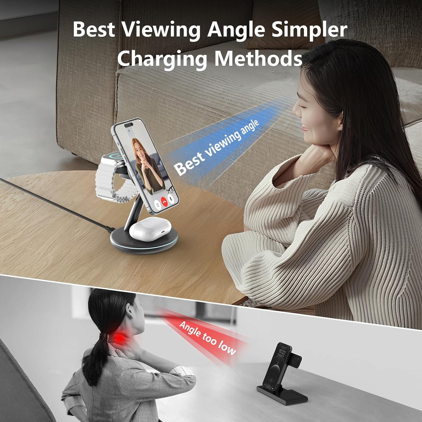 QWOSE 2026 Traveling 3 in 1 Charging Station for Apple iPhone AirPods Watch | with Mag-Safe Wireless Charger Stand for iPhone 17 16 15 14 13 12 Series AirPods iWatch Series - Gifts for Wife & Husband
