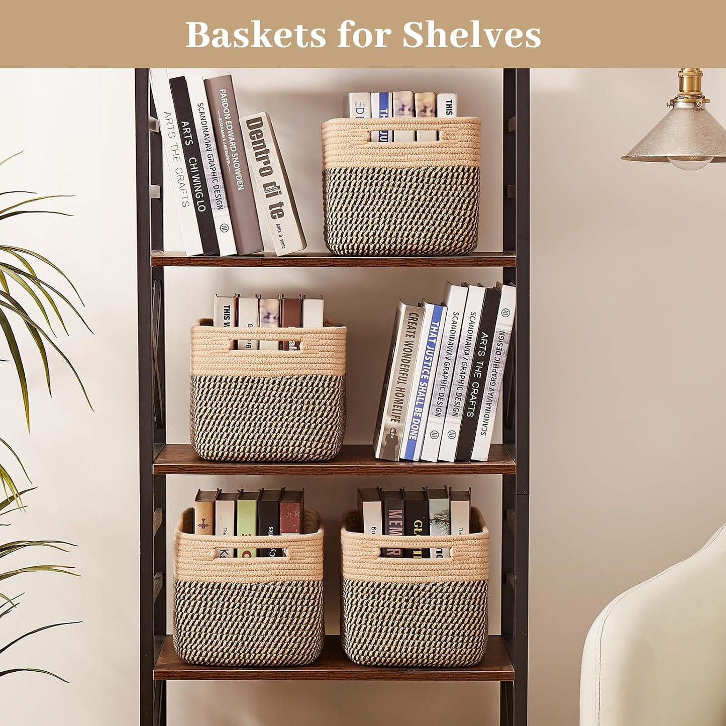 OIAHOMY 4 Pack Storage Basket, 13"x9"x7.8" Cotton Rope Baskets for Shelves, Closet Organizer for Bedroom & Living Room, Soft Decorative Bins for Organizing Towels, Books & Toys, Brown & Black