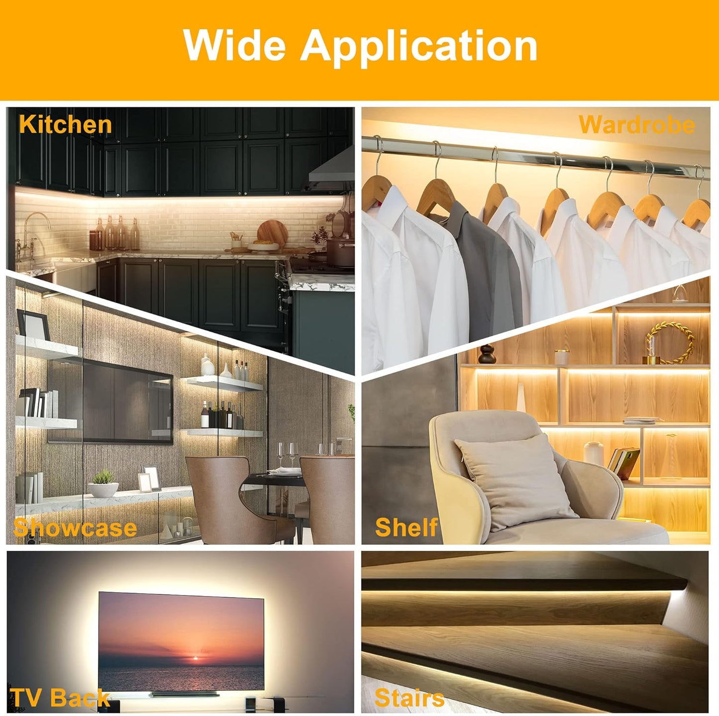 LAFULIT Under Cabinet Lighting Kit - 8 PCS 20 Inch Pre-Cut Strips, 2700K Warm White Flexible LED Strip Lights with Remote and Power Adapter for Kitchen Cabinets, Shelf, Desk, Counter - 13ft