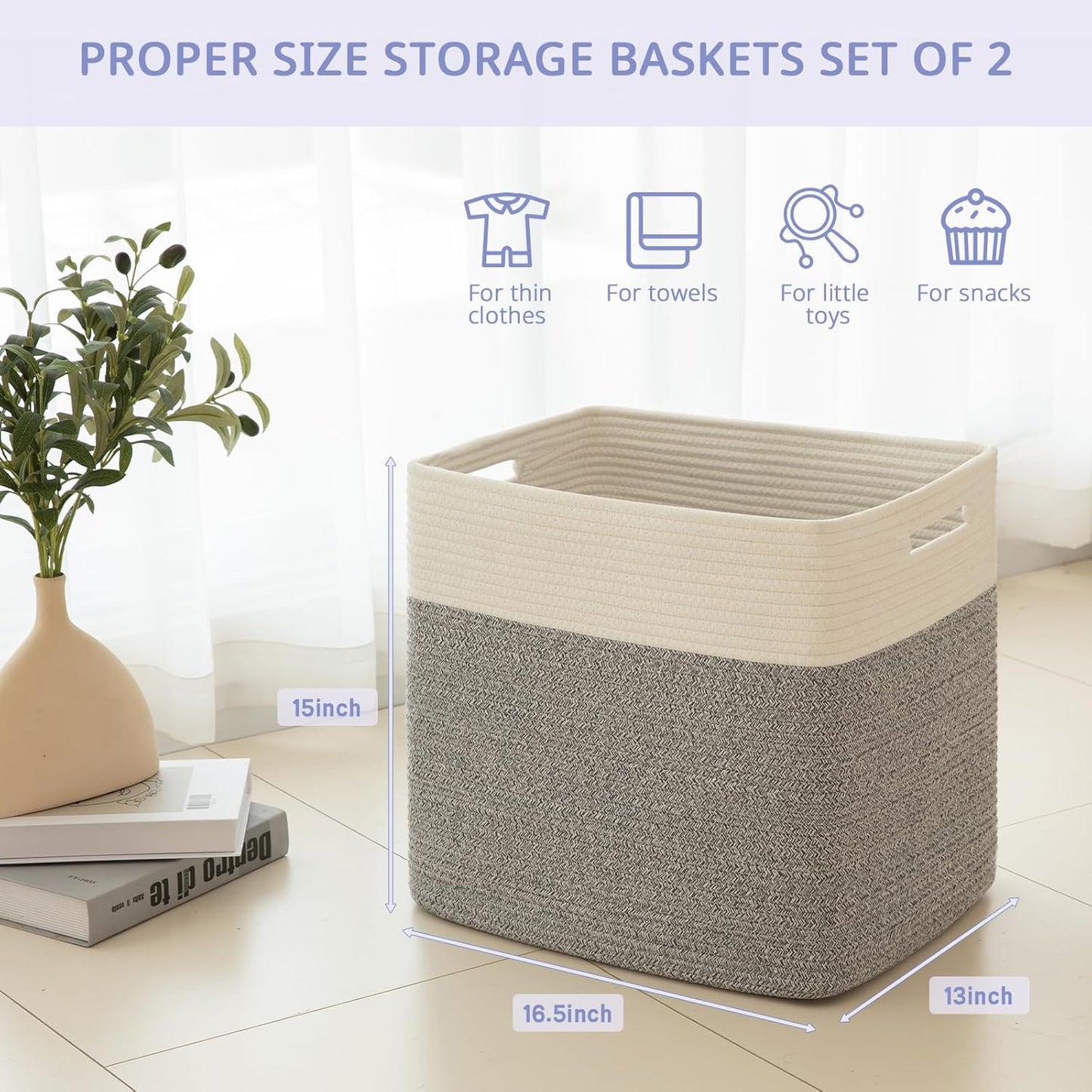 OIAHOMY 2 PACK Tall Storage baskets 55L Blanket Basket Living Room Grey | Large Collapsible Storage Bins Narrow Basket Baskets for Closet Organization Storage Baskets for Shelves Toy Storage Basket