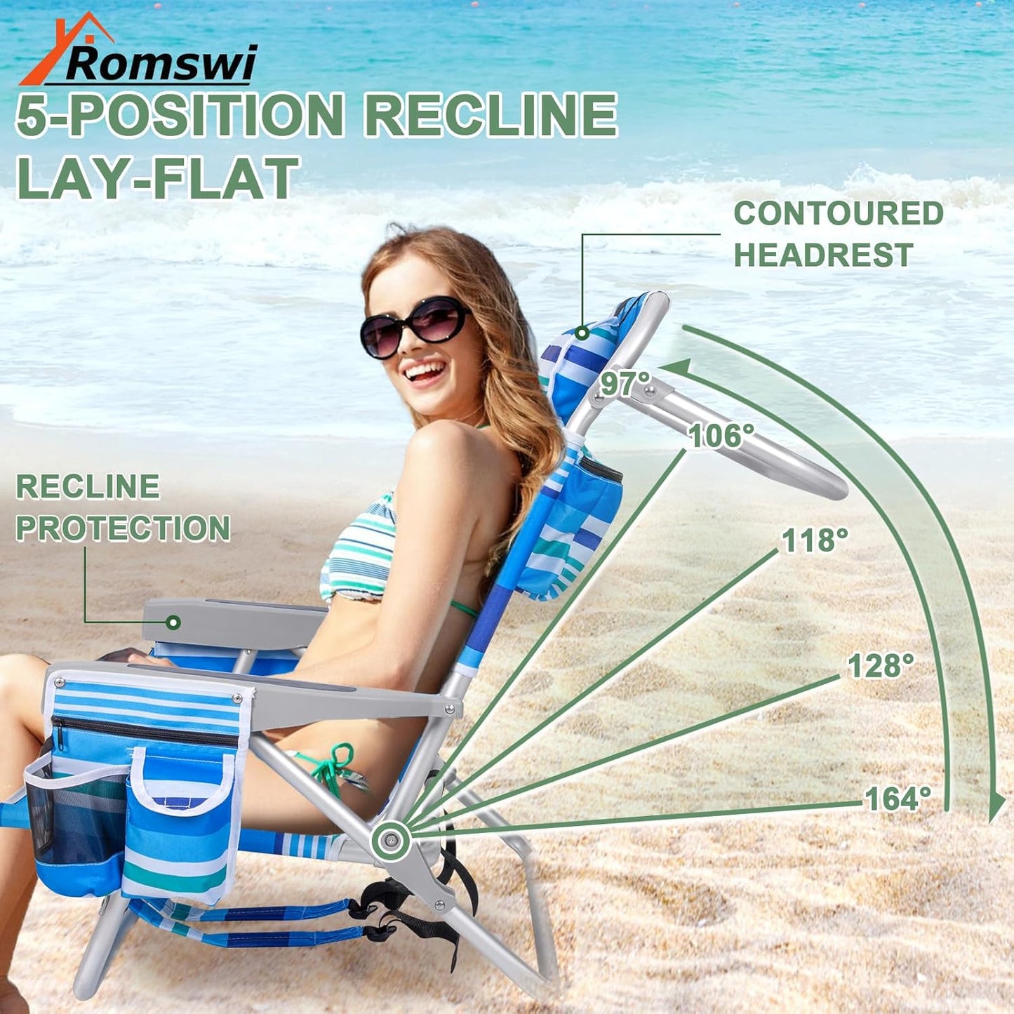 2Pk Aluminum Extra Wide 5-Position Lay Flat Folding Backpack Beach Chairs for Adults, with Cooler Bag, Cup&Phone Holder, Towel Bar for Outdoor Lawn Picnic Sport, Portable Camping Chairs, Blue Stripes