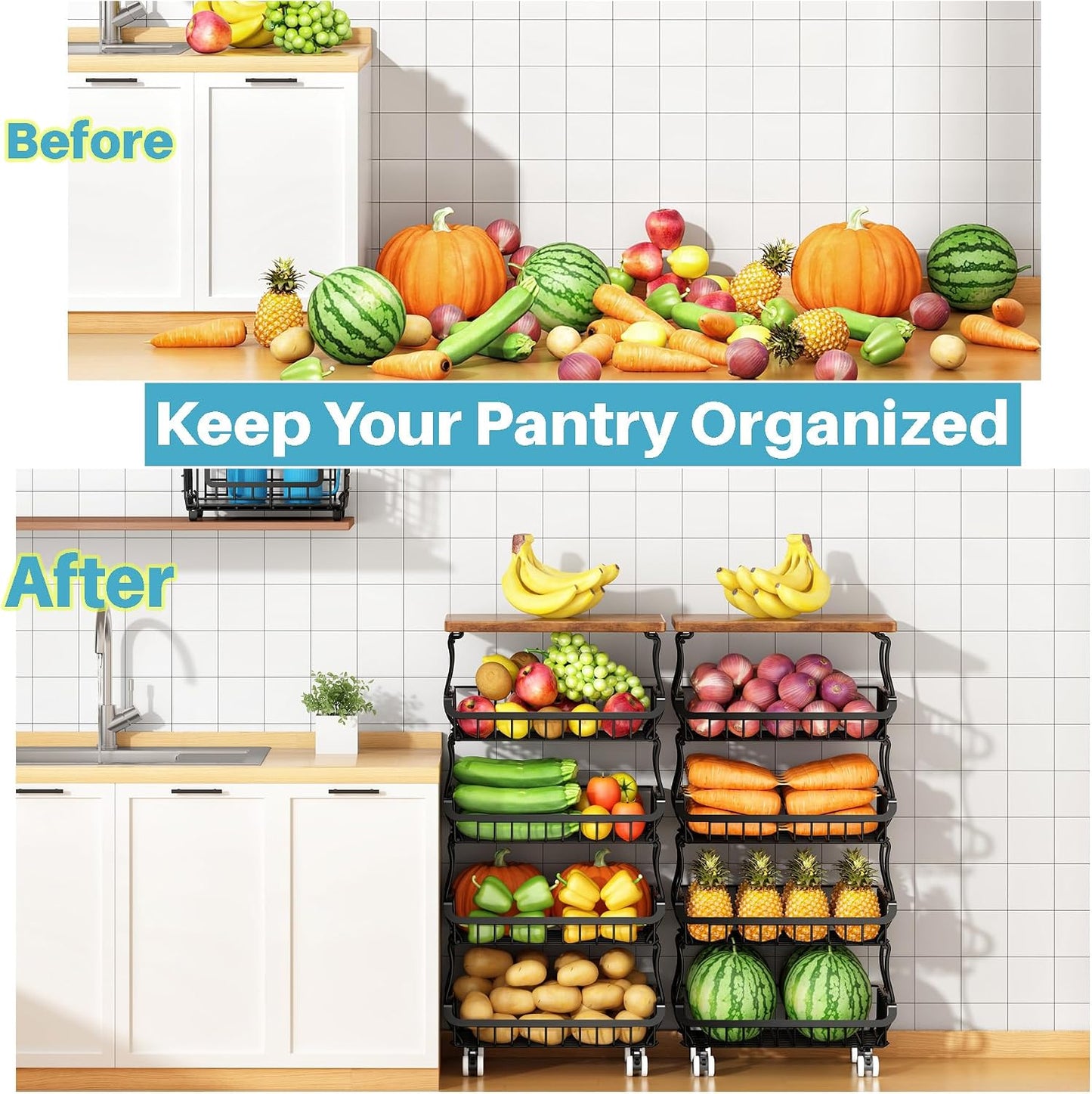 4 Tier Vegetable Fruit Basket for Kitchen, Stackable Metal Fruit and Vegetable Storage Baskets with Rolling Wheels Cart, Fruteros Para Cocina Potato and Onion Bin Pantry Kitchen Island Cart Counter