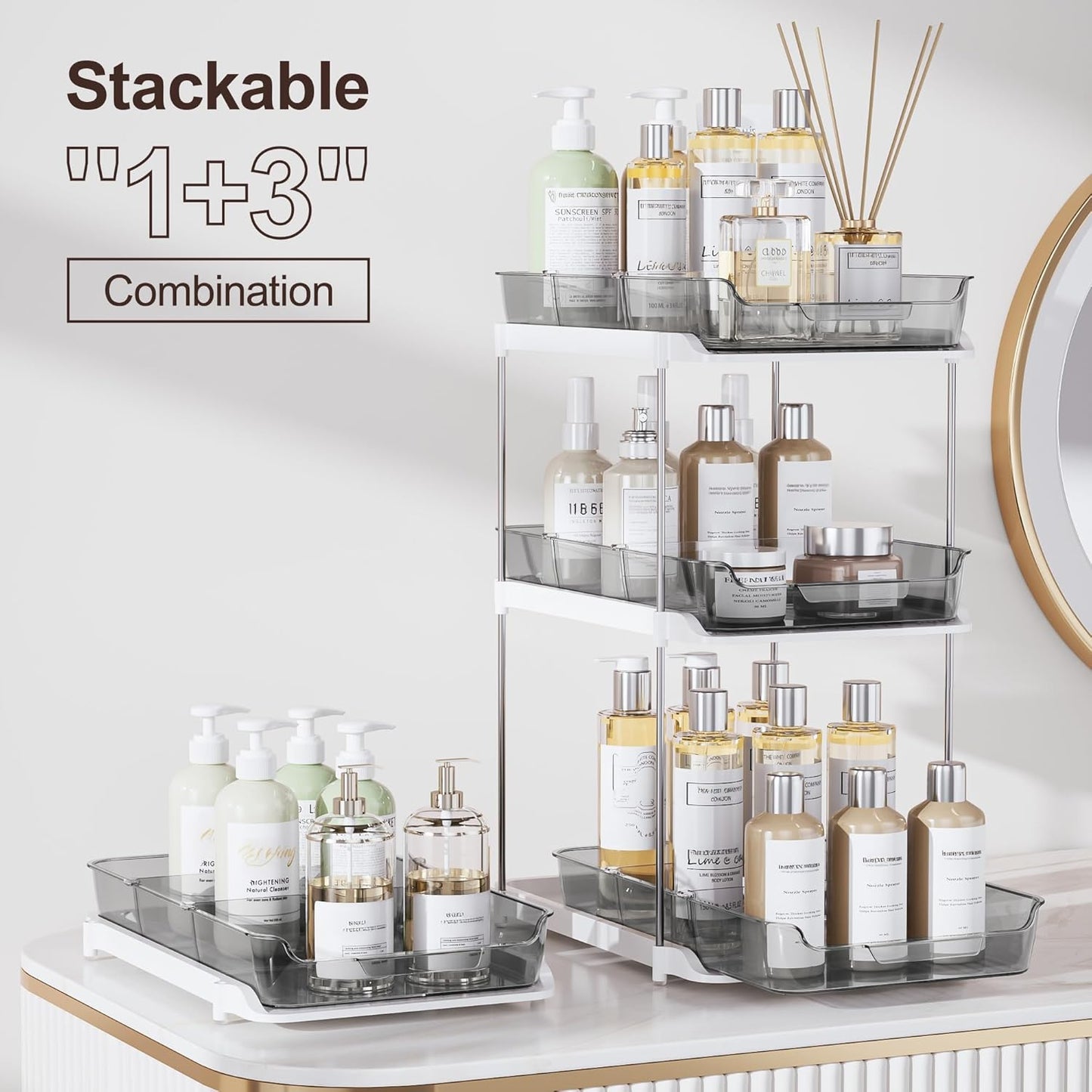 Delamu 2-Tier Multi-Purpose Bathroom Under Sink Organizers and Storage, Stackable Kitchen Pantry Organization, Pull Out Medicine Cabinet Organizer with Movable Dividers, Grey, 2 Pack