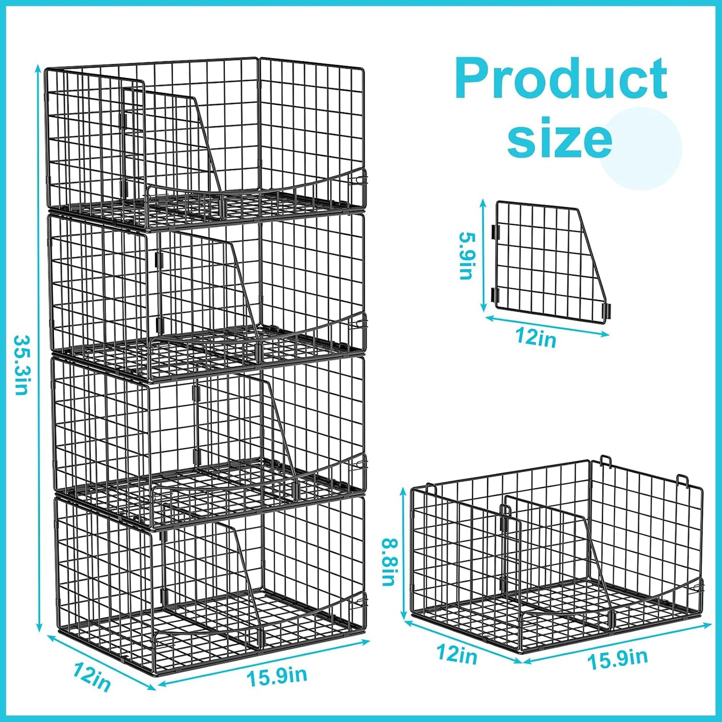 Hongtamoya 4-Tier Closet Organizers and Storage Basket with Divider, Foldable Closet Shelf Organizer System, Space-Saving Clothes Storage Drawer Organizer Bins for Wardrobe Cupboard, Black