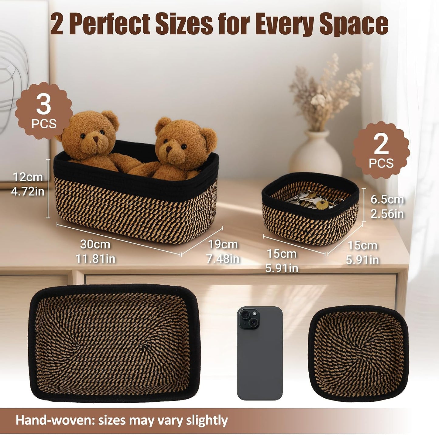 5-Pack Small Woven Rope Storage Baskets, 2 Sizes Organizer Bins | Fabric Cube Boxes and Rectangular Shallow Bins for Closet, Shelf, Bookshelf, Nursery, Changing Table, Bathroom, Toys & Home