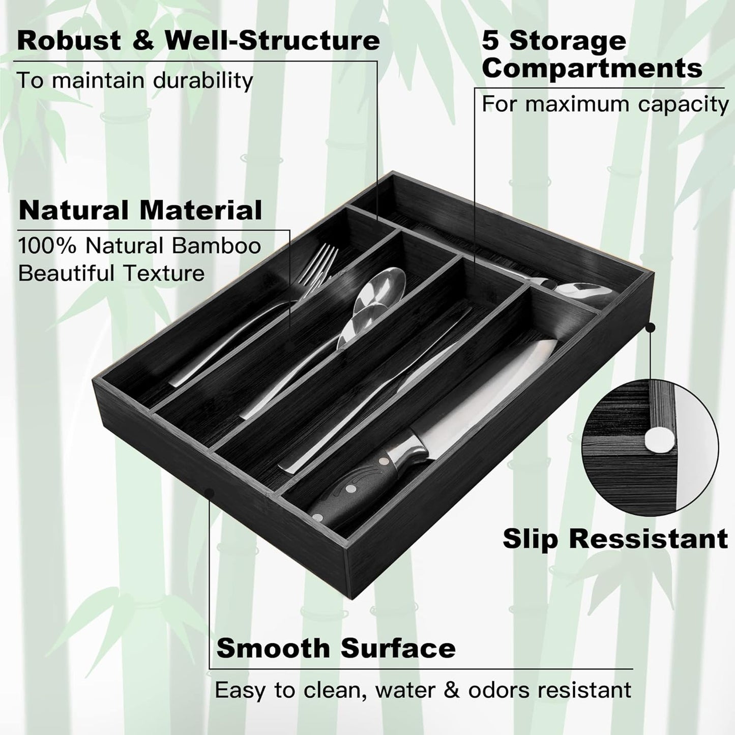 Besilord Bamboo Silverware Holder - Drawer Organizer with 5 Slots (Black)