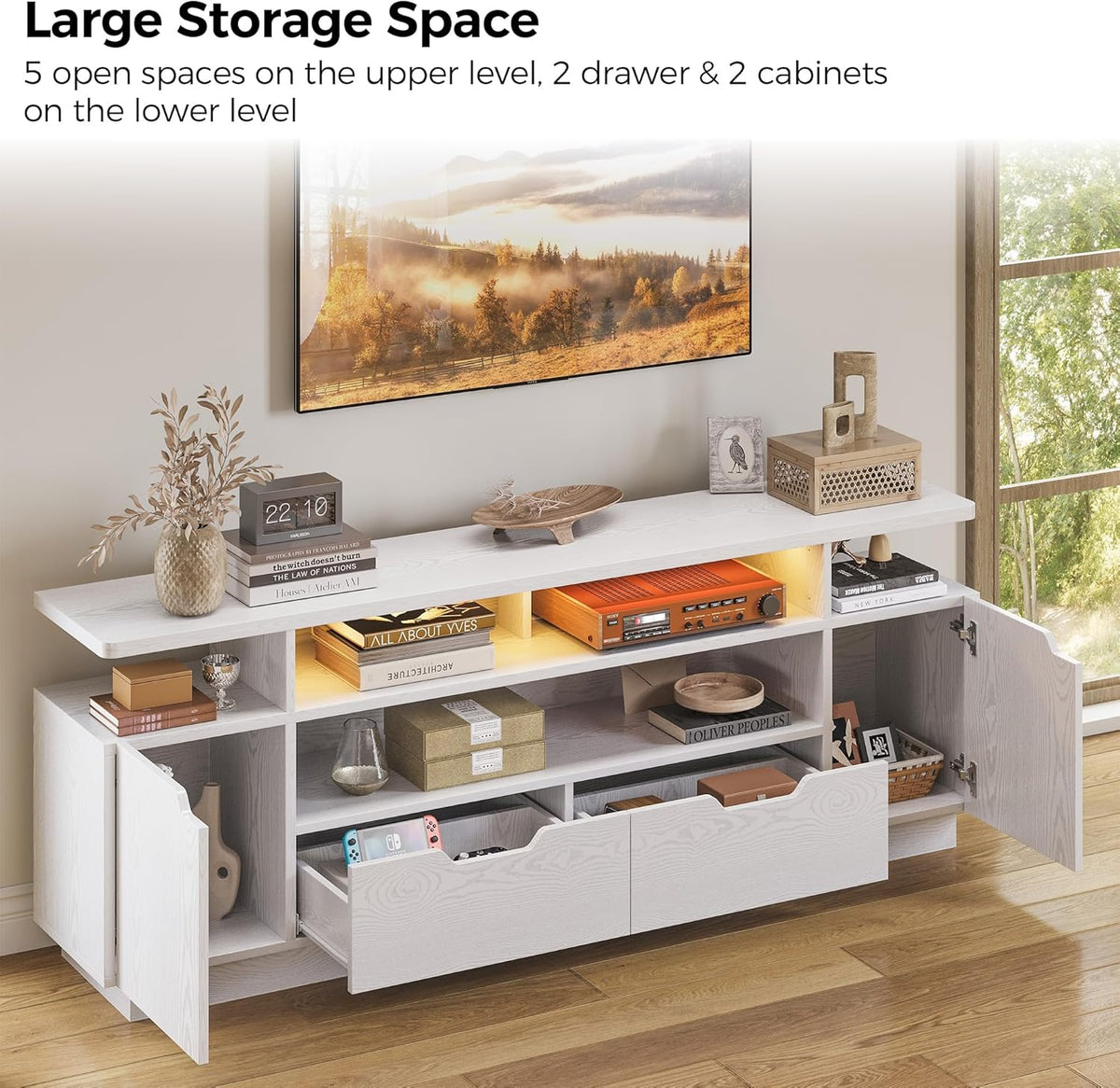IRONCK TV Stand for TVs up to 85", LED Lights and Power Outlets, White