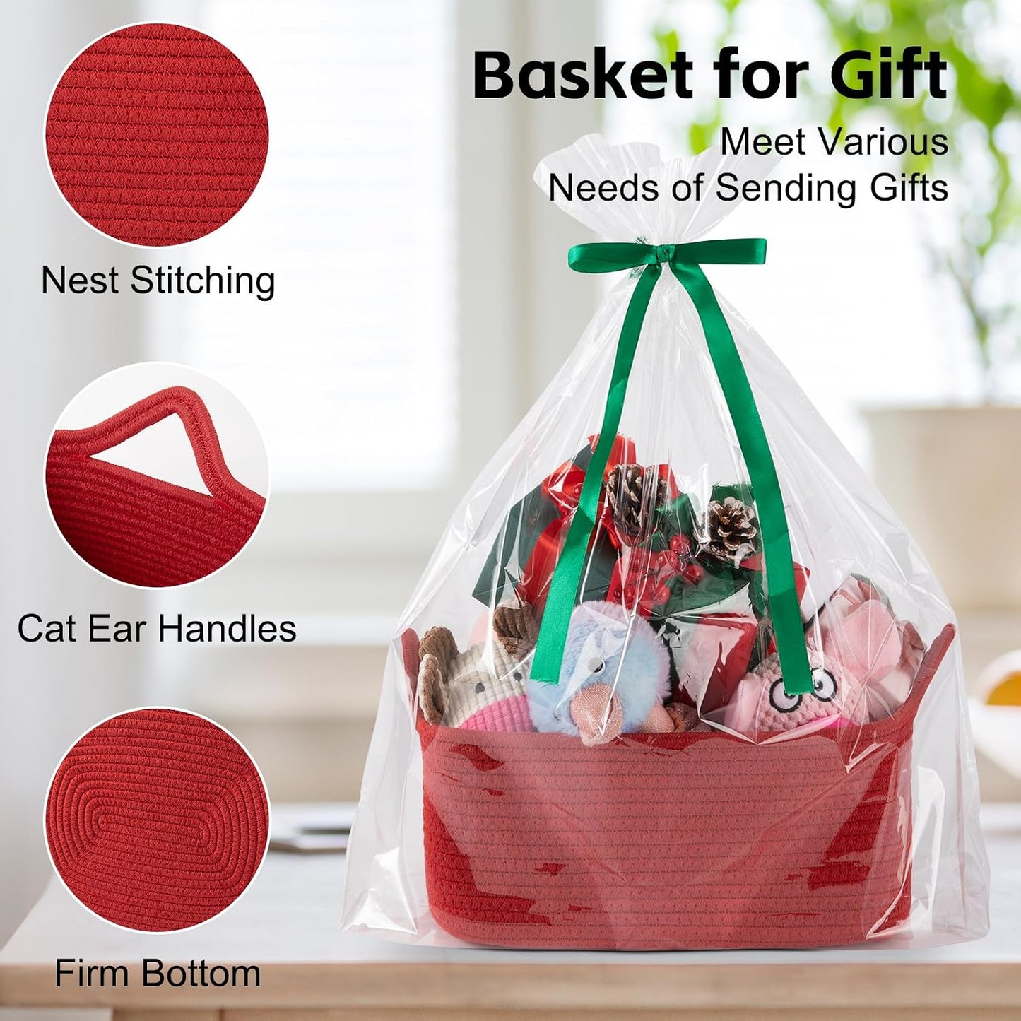 OIAHOMY Woven Basket, Gift Basket Empty with Gift Bags and Ribbons, Rope Baskets for Baby Showers, Storage Baskets with Handles for Nursery, Pet Toy Organizer - Red