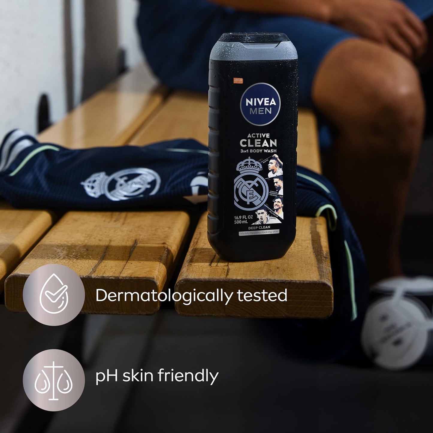 NIVEA MEN Real Madrid Limited Edition Design Active Clean Body Wash with Natural Charcoal for Normal to Oily Skin, 3-in-1 Charcoal Body Wash, Face and Hair, 16.9 Fl Oz Bottle, Pack of 3