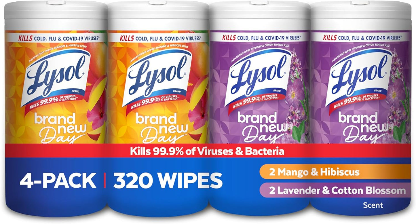 Lysol Disinfecting Wipes Bundle, Home Apartment Dorm Room Essentials and Cleaning Supplies, All Purpose Cleaner, Multi-surface Cleaning & Sanitizing Wipes, Lavender & Mango Scents, 80 Count (4pk)