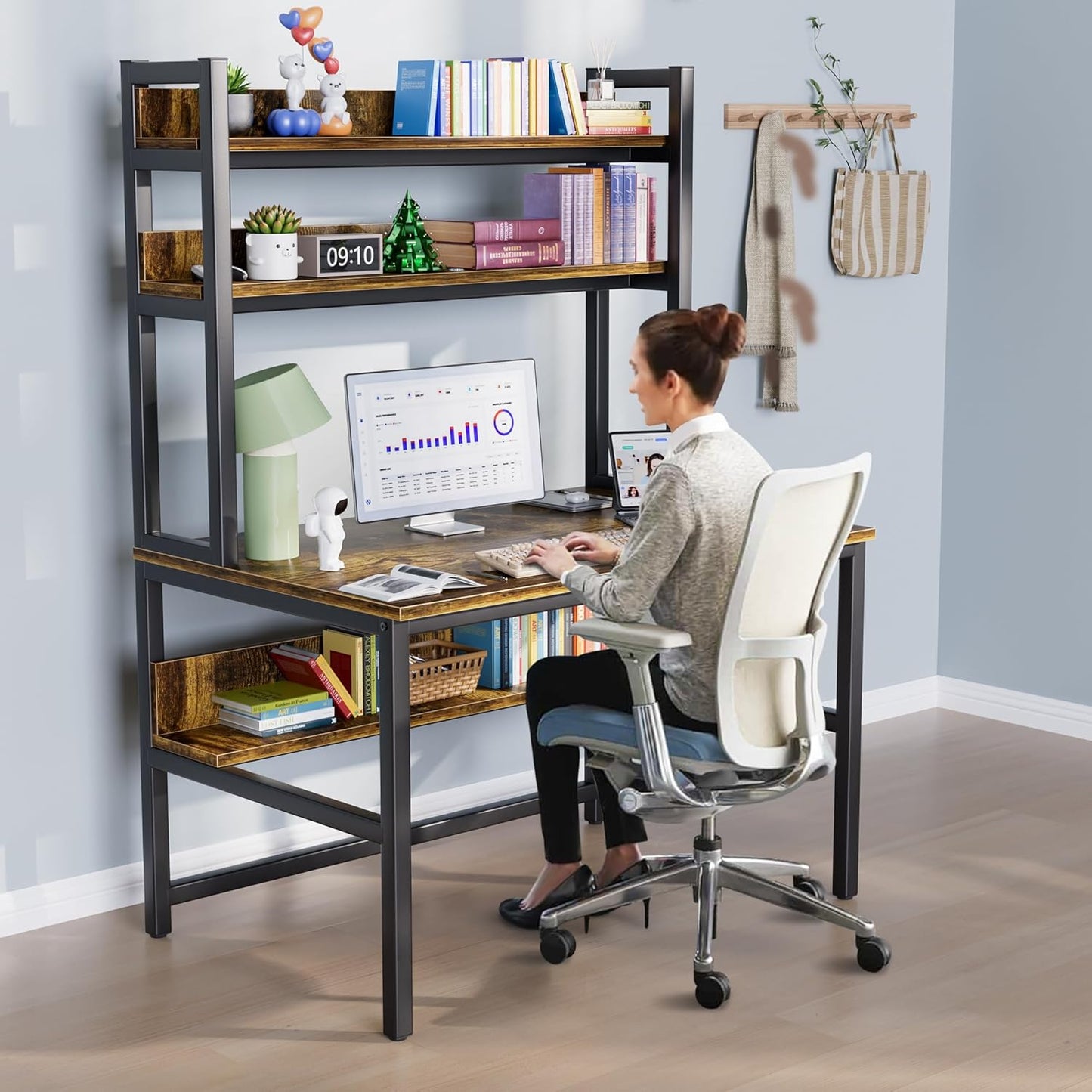 Aquzee Computer Desk with Hutch, 47“W x 23.6" D Desk with Shelves, Tall Home Office Desk with Bookshelf, Metal Legs Study Table with Upper Storage Shelf for Study Writing/Workstation