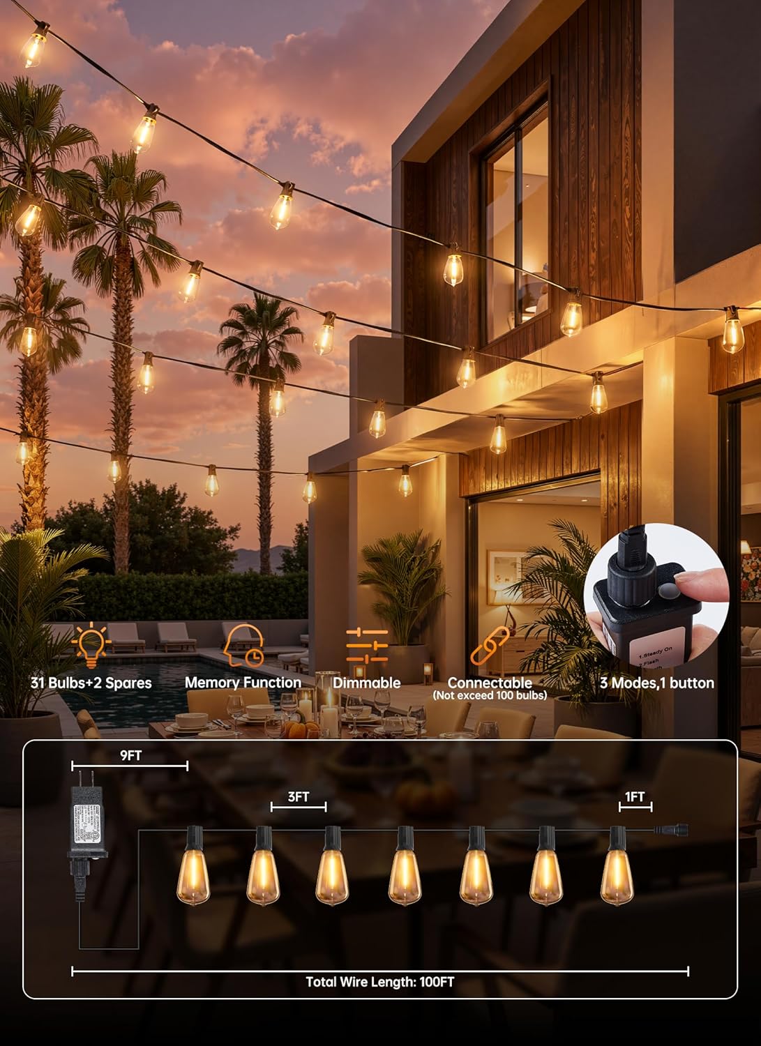 Minetom 100FT Outdoor-String-Lights with Remote, Shatterproof ST38 LED Bulbs, Waterproof Patio Lights with 3 Modes, Dimmable & Connectable 2700K Hanging Lights for Backyard Porch Deck Balcony