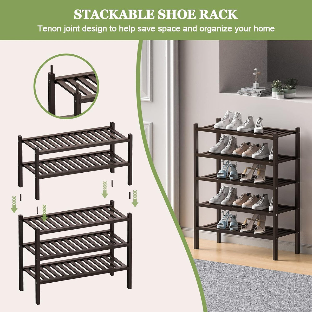 ROMGUAR CRAFT 3 Tier (Thick) Bamboo Shoe Rack for Closet Free Standing Wood Shoe Shelf for Entryway Small Space Stackable 27"x12"x21" (Black Brown)
