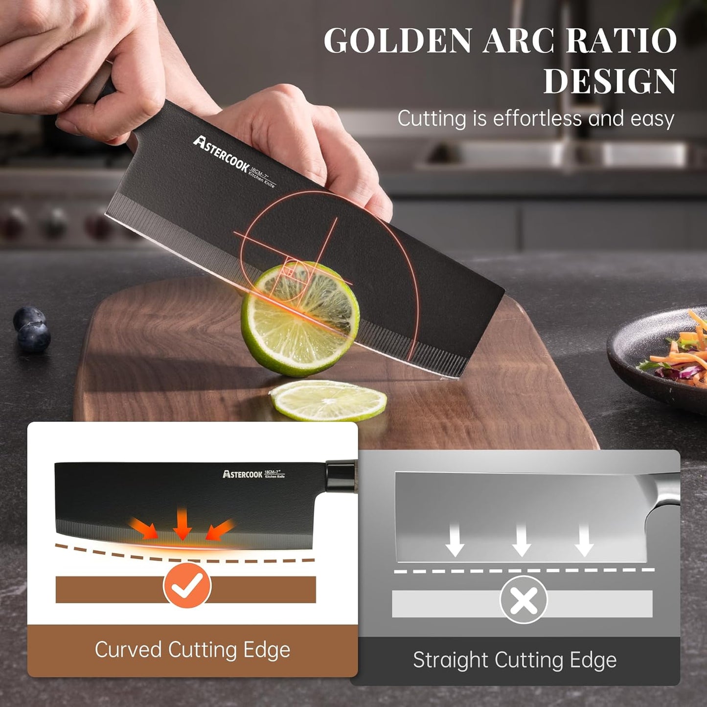Astercook Knife Set, 6-Piece Kitchen Knife Set with Block, High Carbon Stainless Steel Ultra Sharp Kitchen Knives, Wood Grain Handle, Dishwasher Safe Knife Block Set, Black, Kitchen Utility Knives