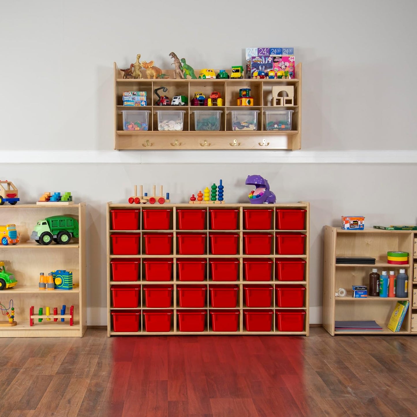Wood Designs Cubby Storage Bin, Heavy Duty Plastic Containers for Kids Red Cubby Tray Set of 30