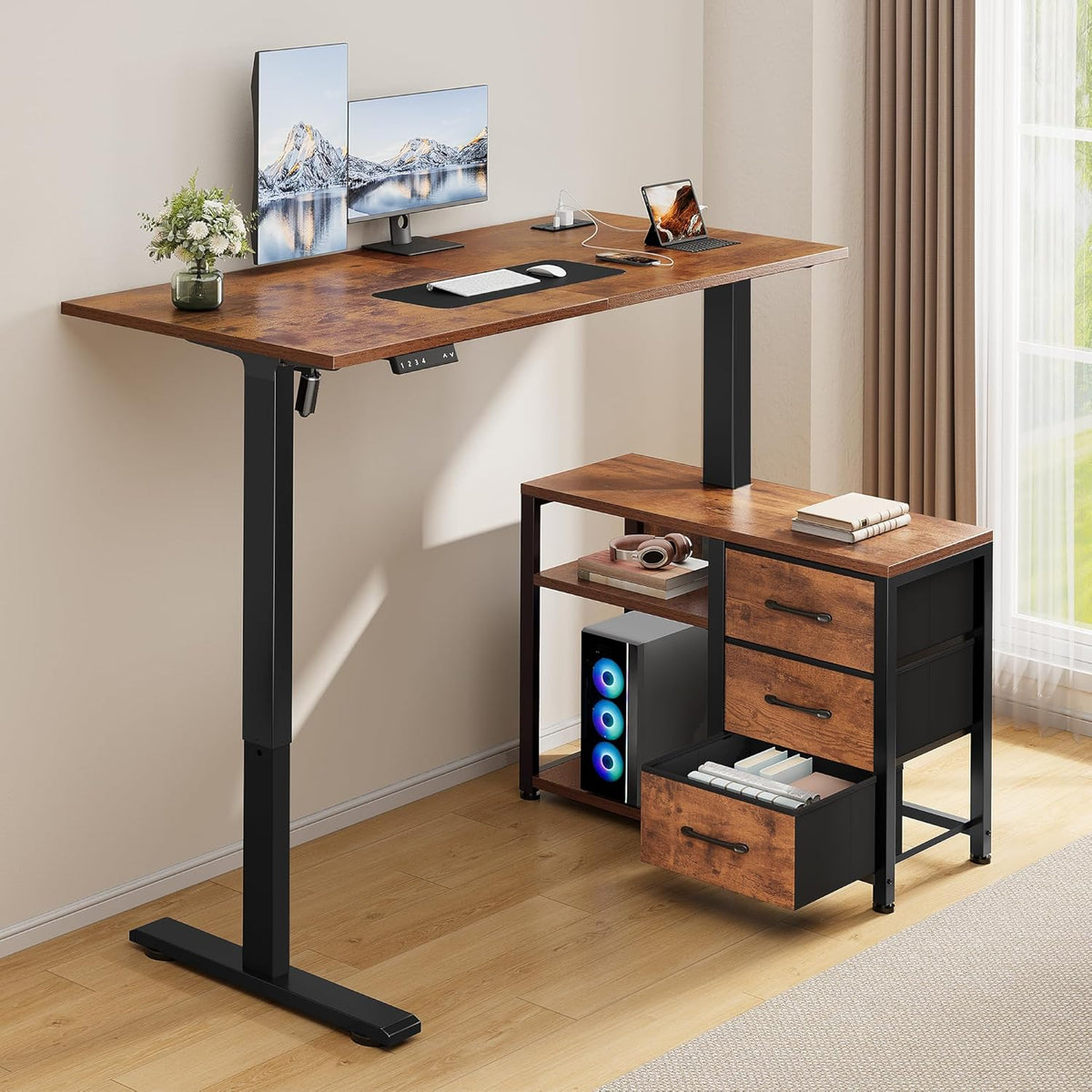 47 Inch L Shaped Desk with 3 Drawers Electric Standing Desks with Storage Computer Table Adjustable Height with Power Outlets 4 Memory Presets for Home Office, Rustic Brown