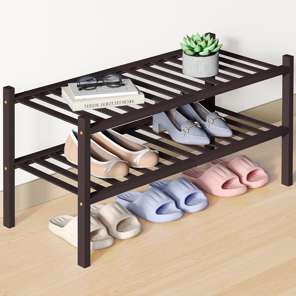 Smiry Bamboo Shoe Rack for Closet, 2 Tier - 26.77" Wide, Brown