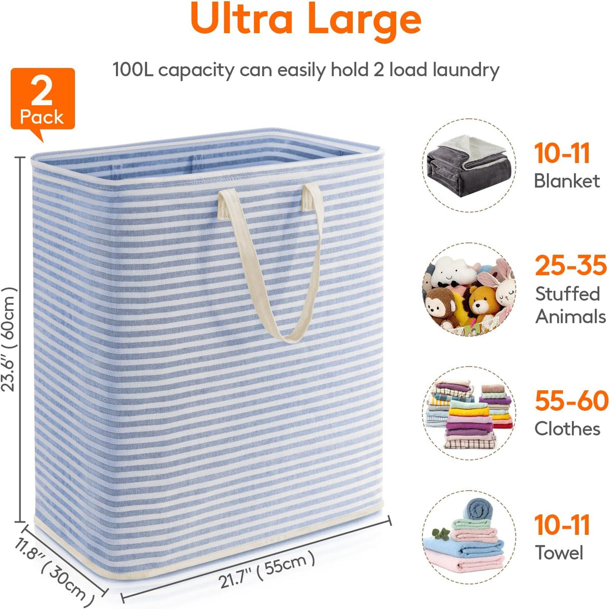 Lifewit 100L Large Laundry Baskets, 2 Pack, Reinforced Handles, Blue