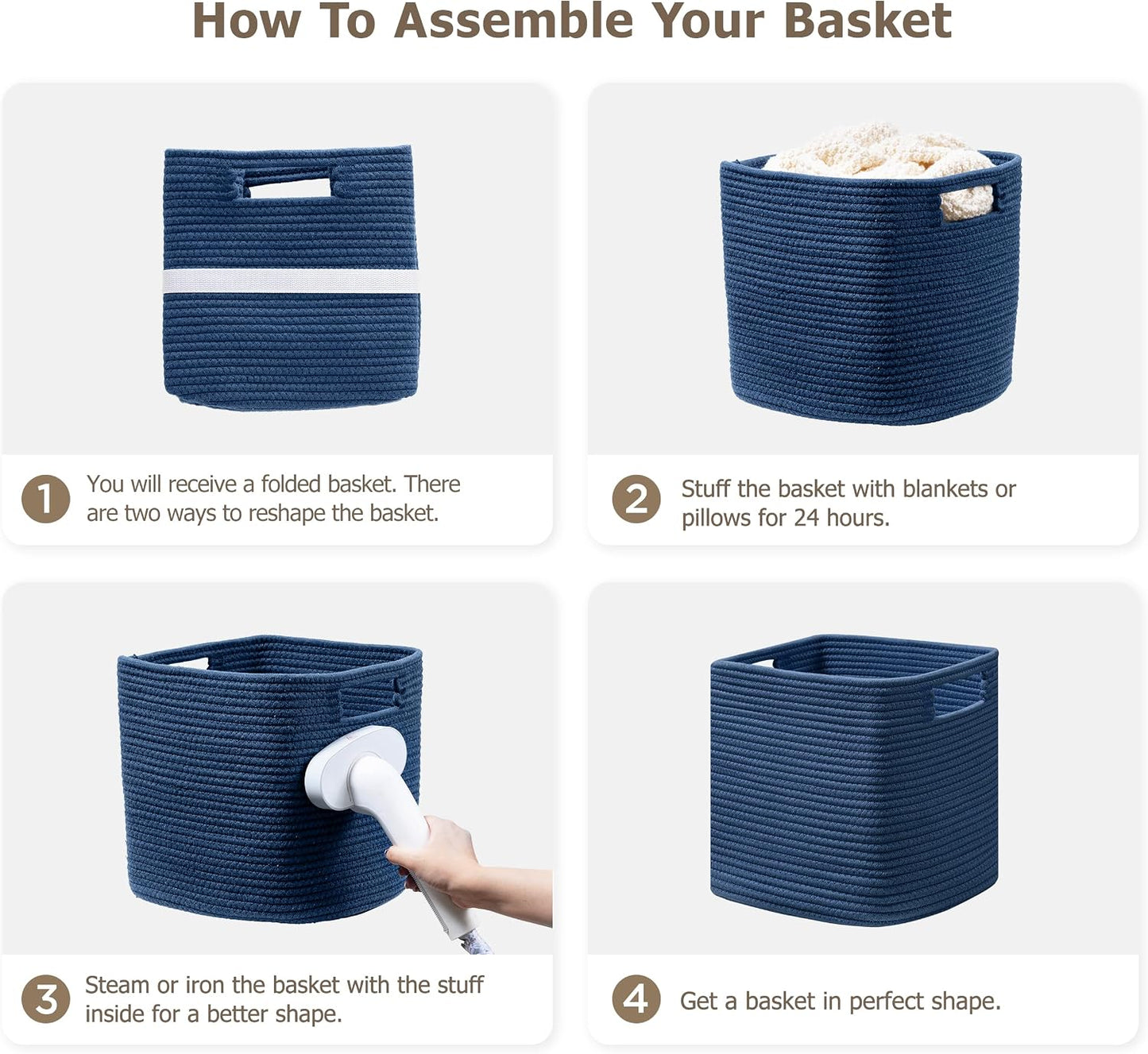 UBBCARE Set of 4 Storage Basket-11 X 10.5 X 10.5 In, Cotton Rope Basket for Shelves, Toys, Book, Cube Storage Bins with Handles, Woven Storage Basket for Organizing, Navy Blue
