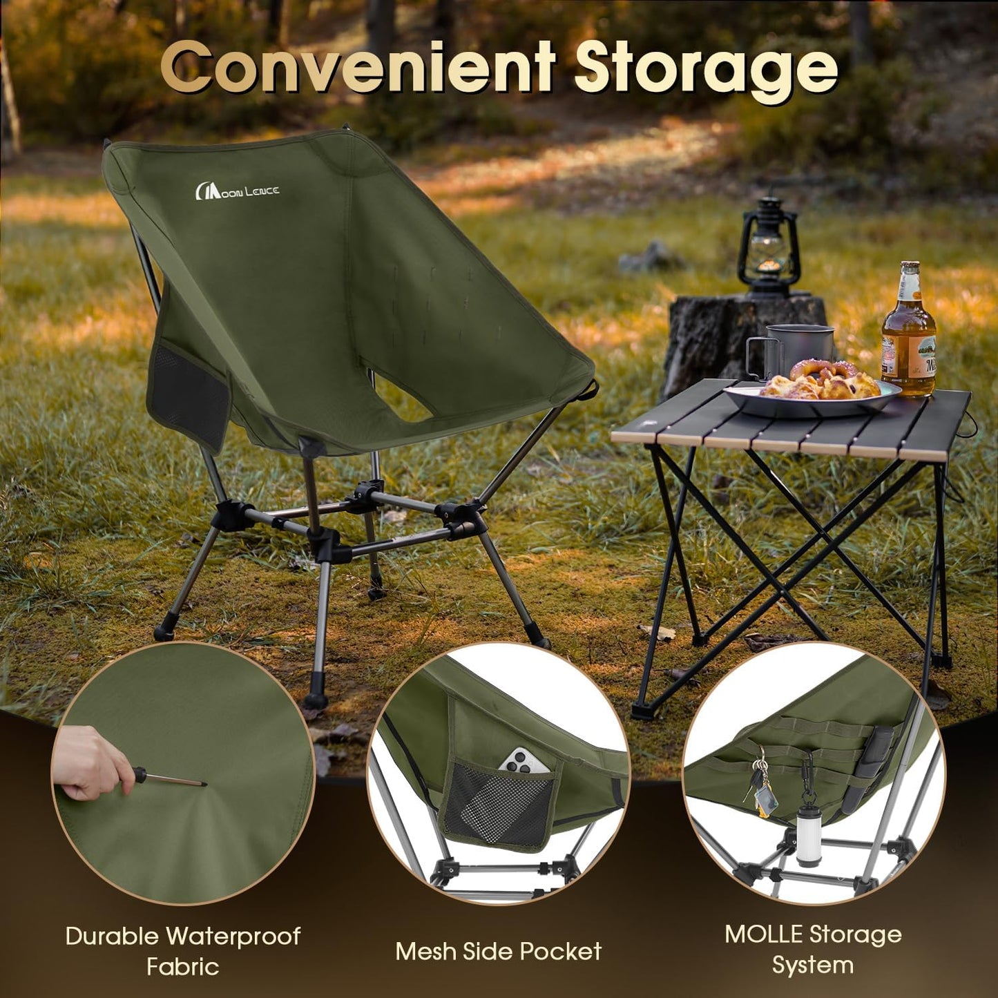 MOON LENCE Portable Camping Chair Plus, Larger & Roomier, Compact and Lightweight Still, Folding Chair for Backpacking & Hiking, 330Lbs Capacity (Moss Green)