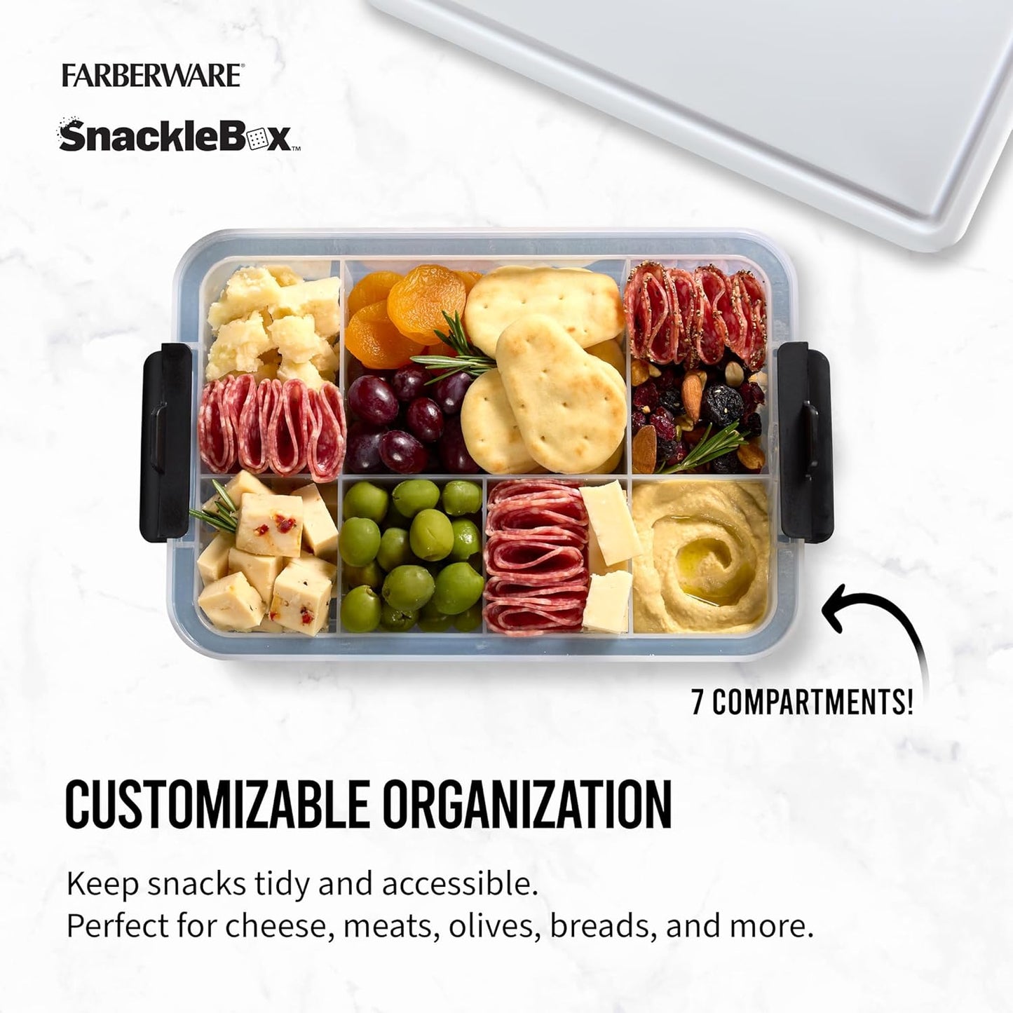 Farberware Small Build-a-Board Snacklebox with Locking Plastic Cutting Board Lid, Portable Charcuterie Storage with 7 Compartments