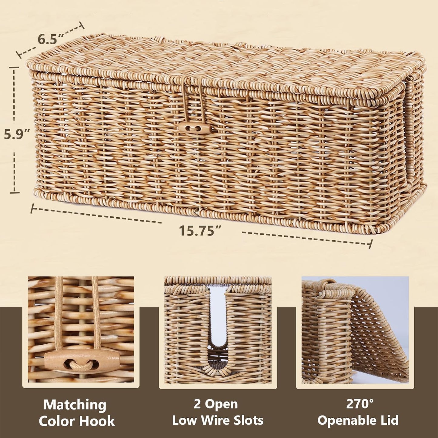 Cable Management Box, Cord Organizer with Lid & Cable Ties - Natural,L | Handmade Open Slots Cord Hider Outlet Covers for Power Strip TV PC Router Charger Under Desk Storage
