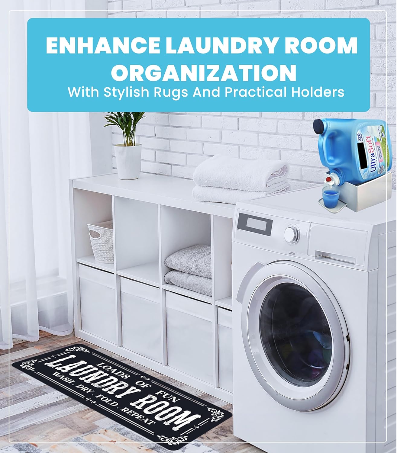 TidyFriend Laundry Detergent Holder with Laundry Room Rug Runner, Detergent Stand for Spill Protection, Non-Slip Runner Mat, and Stylish Room Organizer for Home & Laundry Spaces (Kit)