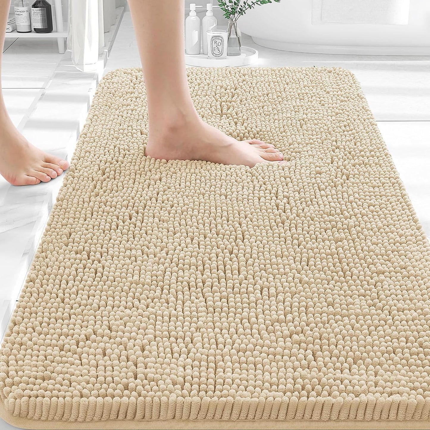 OLANLY Bathroom Rugs 36x24, Extra Soft Absorbent Chenille Bath Rugs, Rubber Backing Quick Dry, Machine Washable Bath Mats for Bathroom Floor, Tub and Shower, Home Decor Accessories, Beige