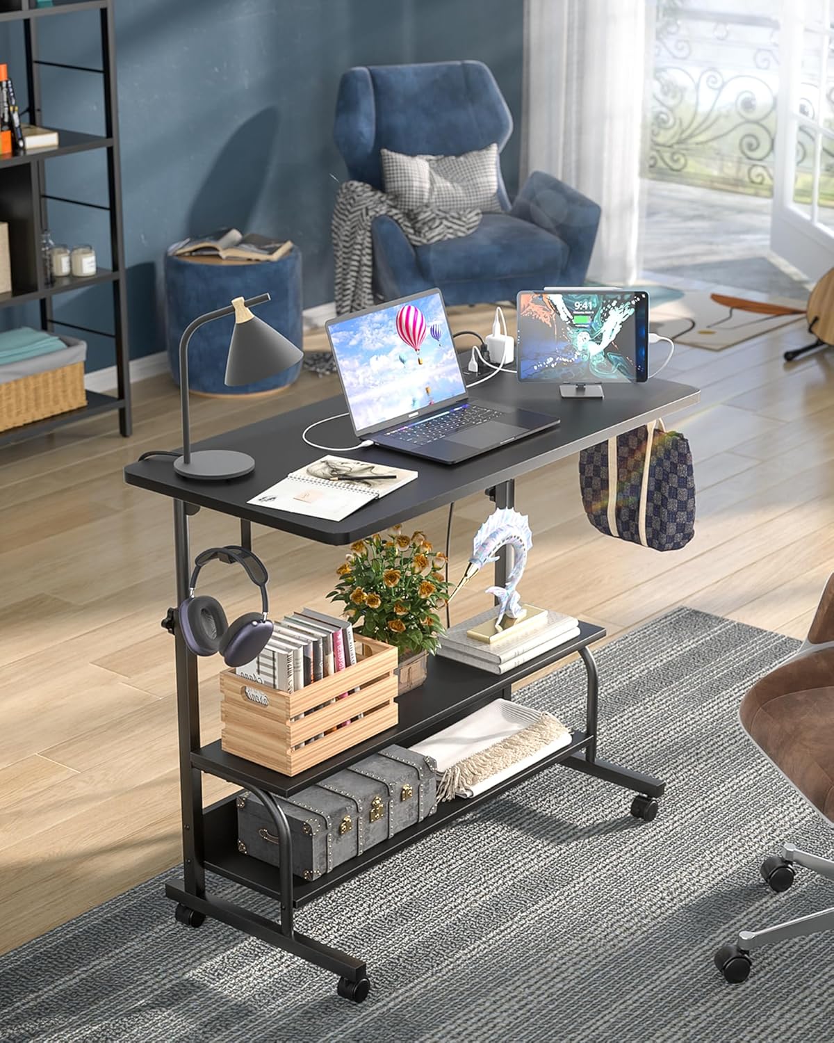 Armocity Rolling Standing Desk with Charging Station, Portable Height Adjustable Mobile Computer Desk with Wheels & 2-Tier Shelves & Hooks, Easy Assembly Laptop Table for Couch Bed, 32" Black