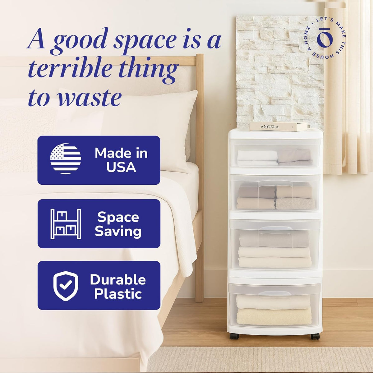 HOMZ Drawer Tower, 4-Tier Clear Plastic Storage Organizer Cart, White Frame - Rolling Drawers with Wheels for Desk, Dresser, Cabinet, Bedroom, Bathroom, Classroom, and Office Organization