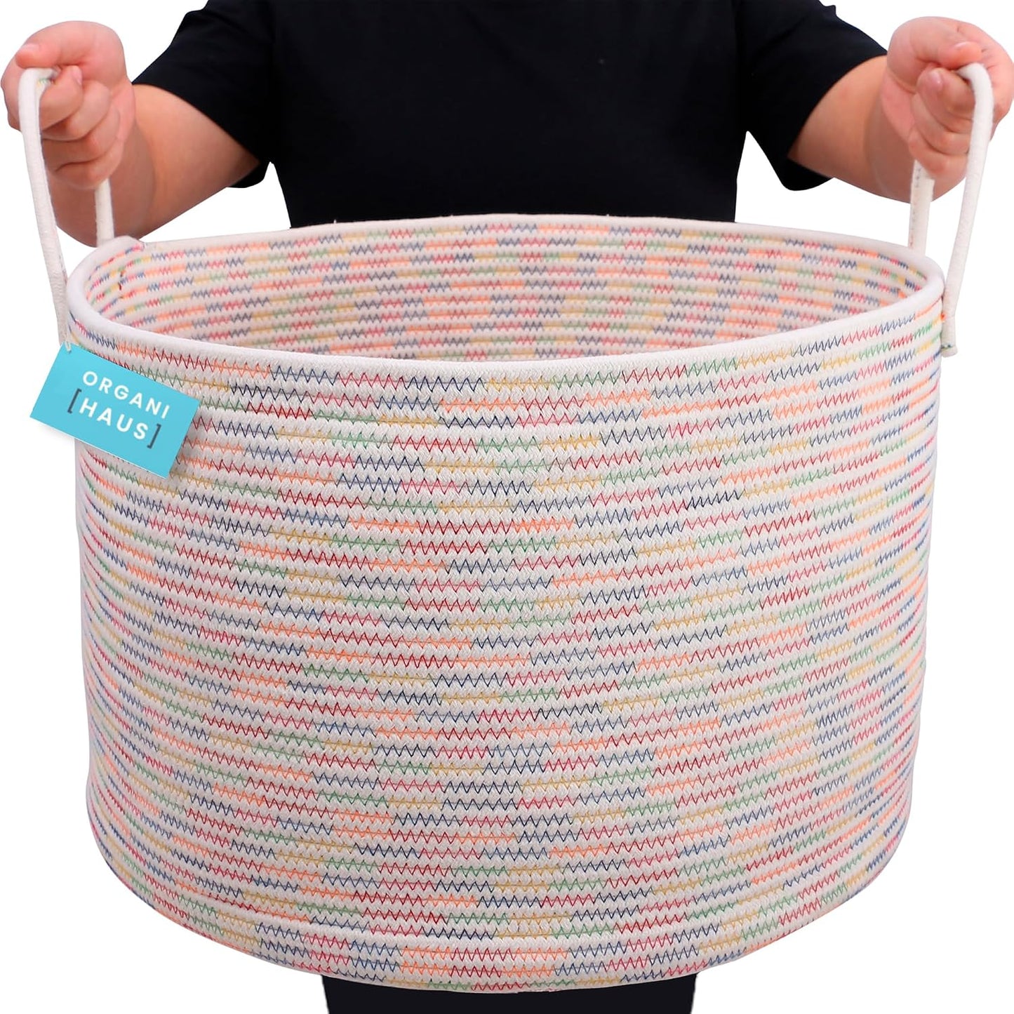 OrganiHaus Round Toy Basket & Blanket Basket, Cotton Rope 20x13" | Stitches Rainbow - Round Cotton Rope Basket, 20x13"