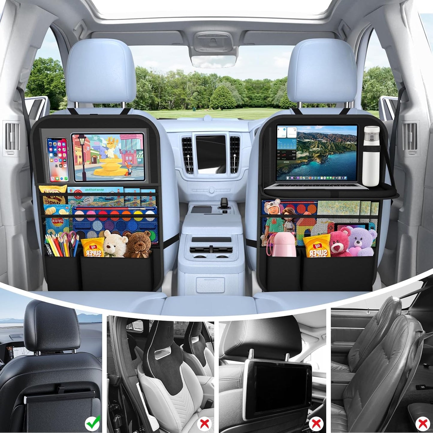 Car Backseat Organizer with table Tray(1Pack) 9 Storage Pockets Backseat Car Organizer with Tablet Holder, Back seat Organizer for Kids Road Trip Essentials Travel