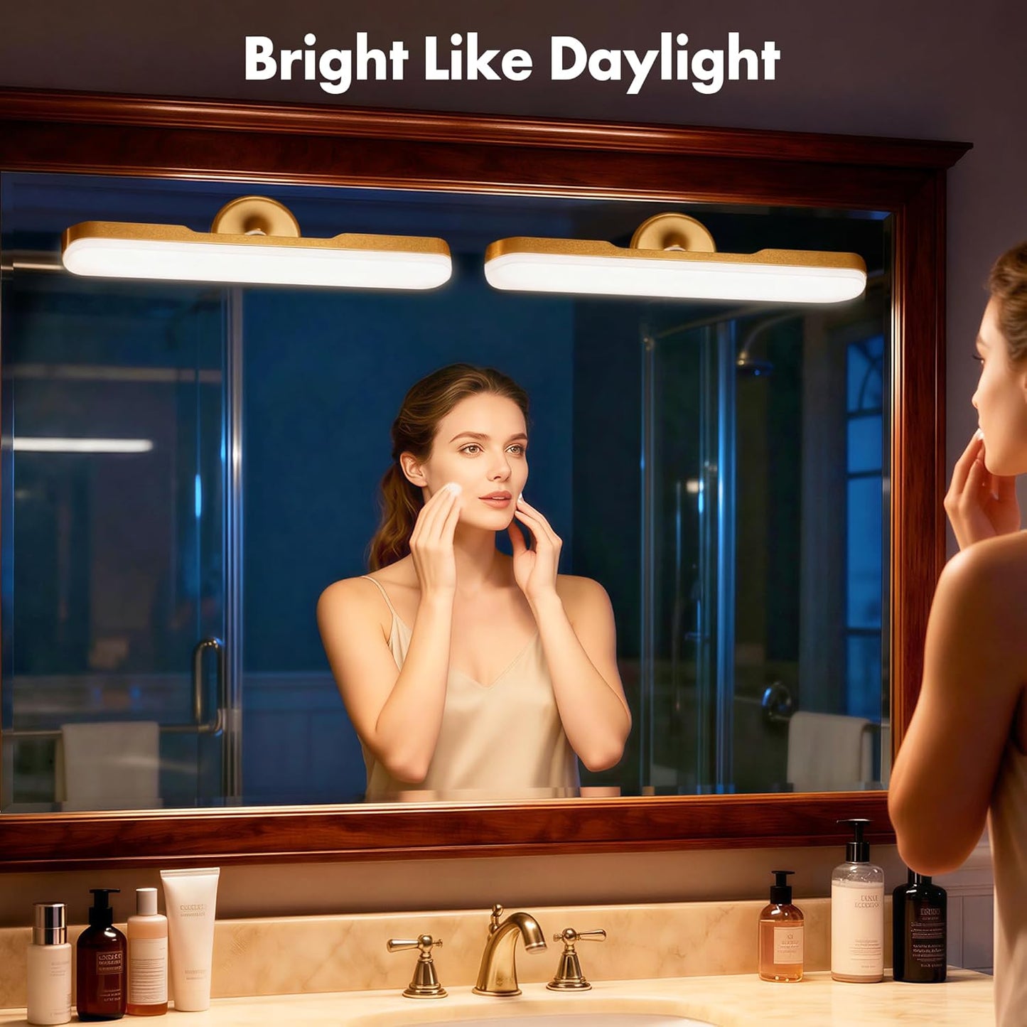 cambk Set of 2 Wireless Vanity Makeup Lights for Mirror, Rechargeable LED Stick On Light Bar for Bathroom Mirror with Dimmable 3 CCT, Long Battery Life Cordless Light for Vanity Desk(Gold)