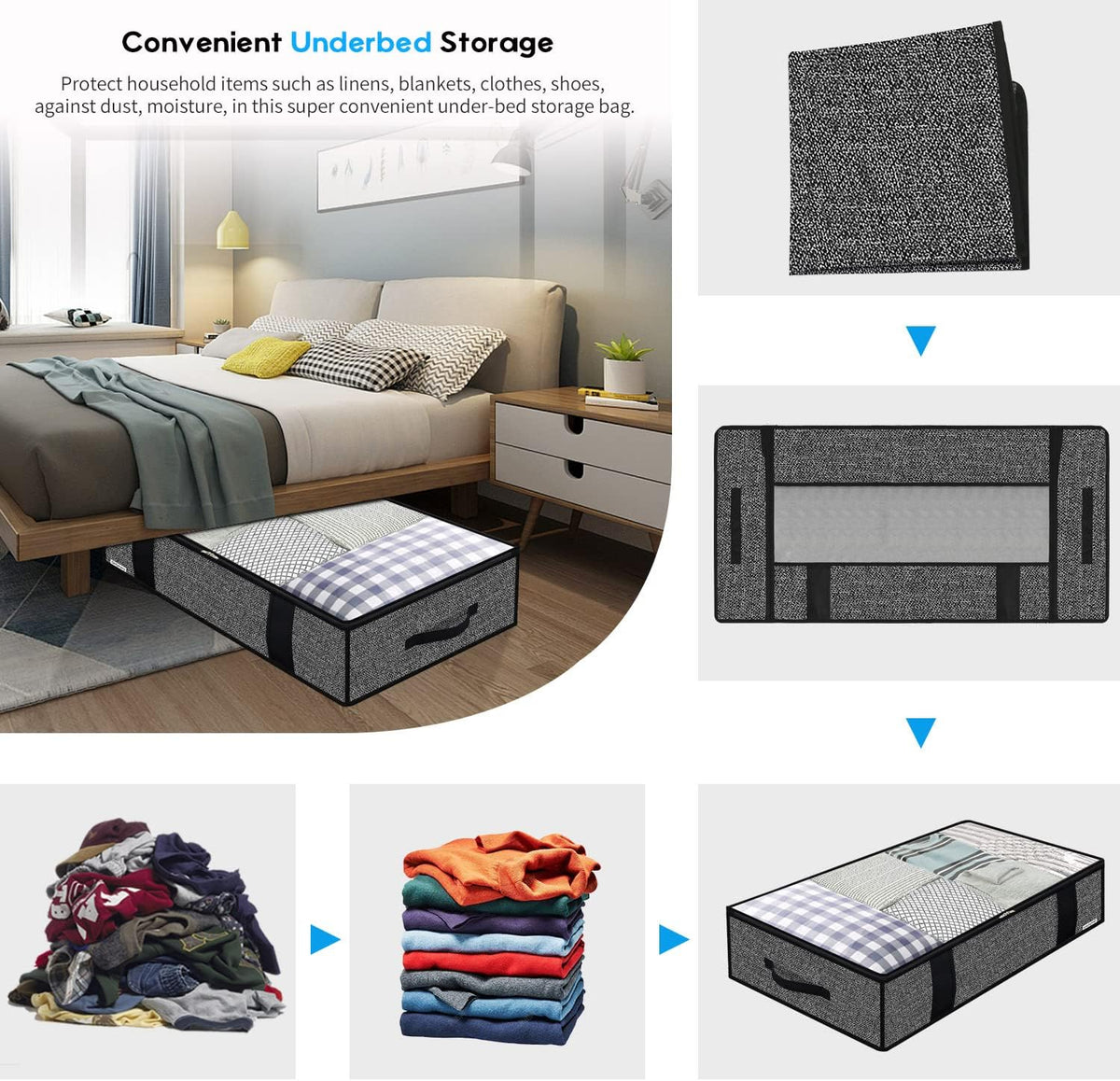 Onlyeasy 4 Pack Under Bed Clothes Storage Bags Organizer with Reinforced Handles and Zippers, Foldable Underbed Storage Container Bags for Blankets, Comforters, Bedding, Linen-like Black, MXAUBBP4