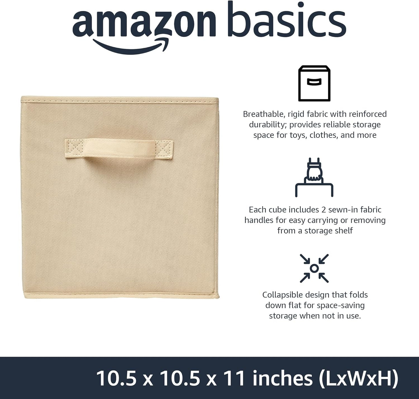 Amazon Basics Collapsible Fabric Storage Cubes Organizer with Handles, Sturdy Storage Bins for Organization, 10.5" x 10.5" x 11", Beige, 6-Pack