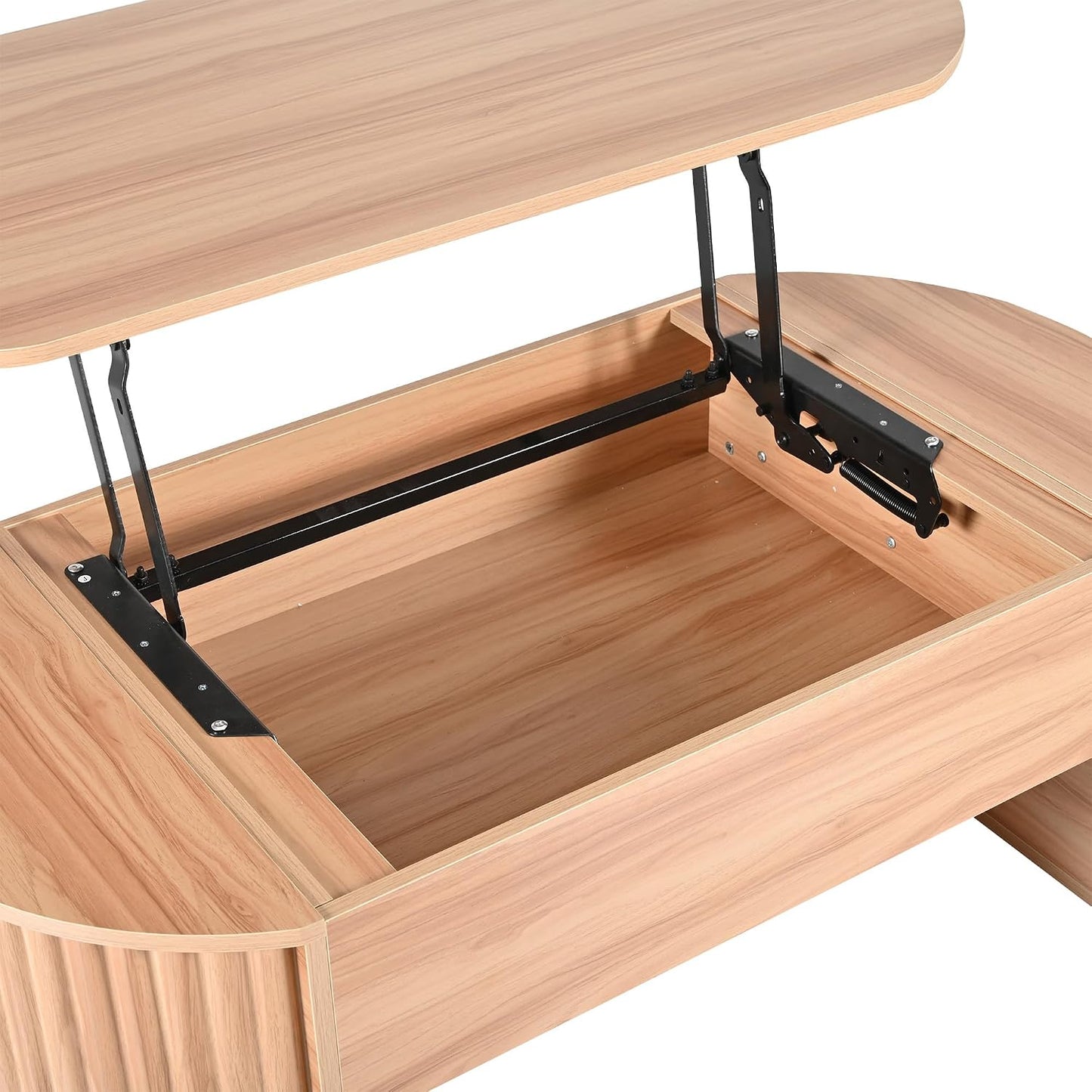 47.2" Lift Top Coffee Table with Hidden Compartment, Modern Oval Fluted Wooden Center Table Cocktail Tea Table with Curved Safety Corners and Adjustable Height for Living Room, Light Brown