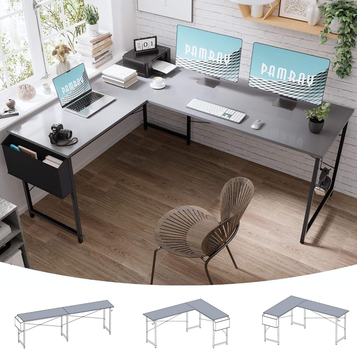 Pamray 64.5 Inch Reversible L Shaped Gaming Desk Large Corner Computer Desk with Storage Bag Home Office Table for Writing Study Grey