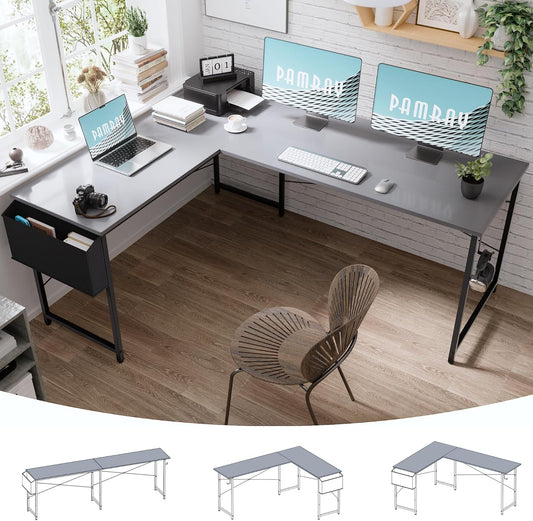 Pamray 64.5 Inch Reversible L Shaped Gaming Desk Large Corner Computer Desk with Storage Bag Home Office Table for Writing Study Grey
