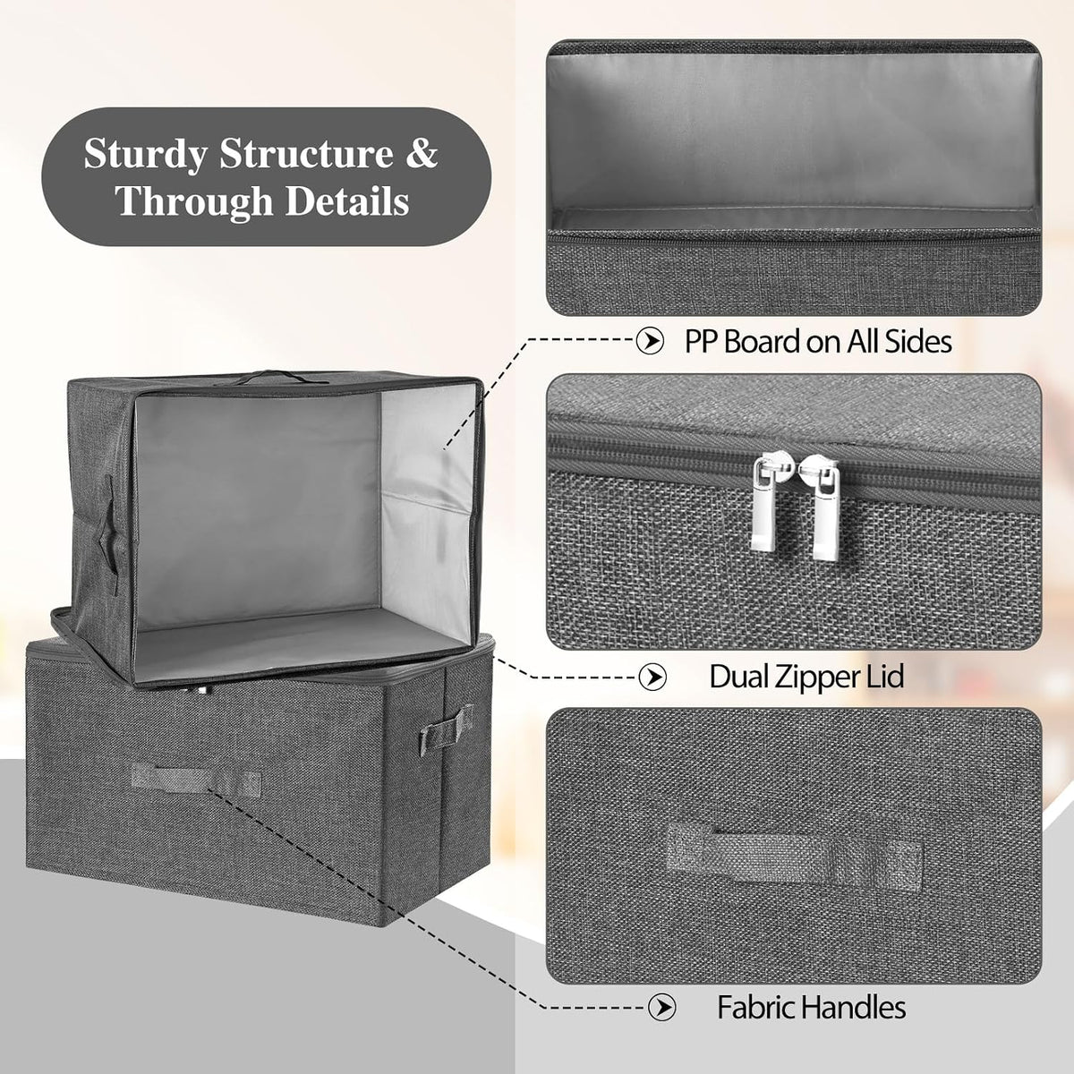 ANMINY Fabric Storage Bins with Zipper Lids, 20"x15"x12", Gray, 2 PCS