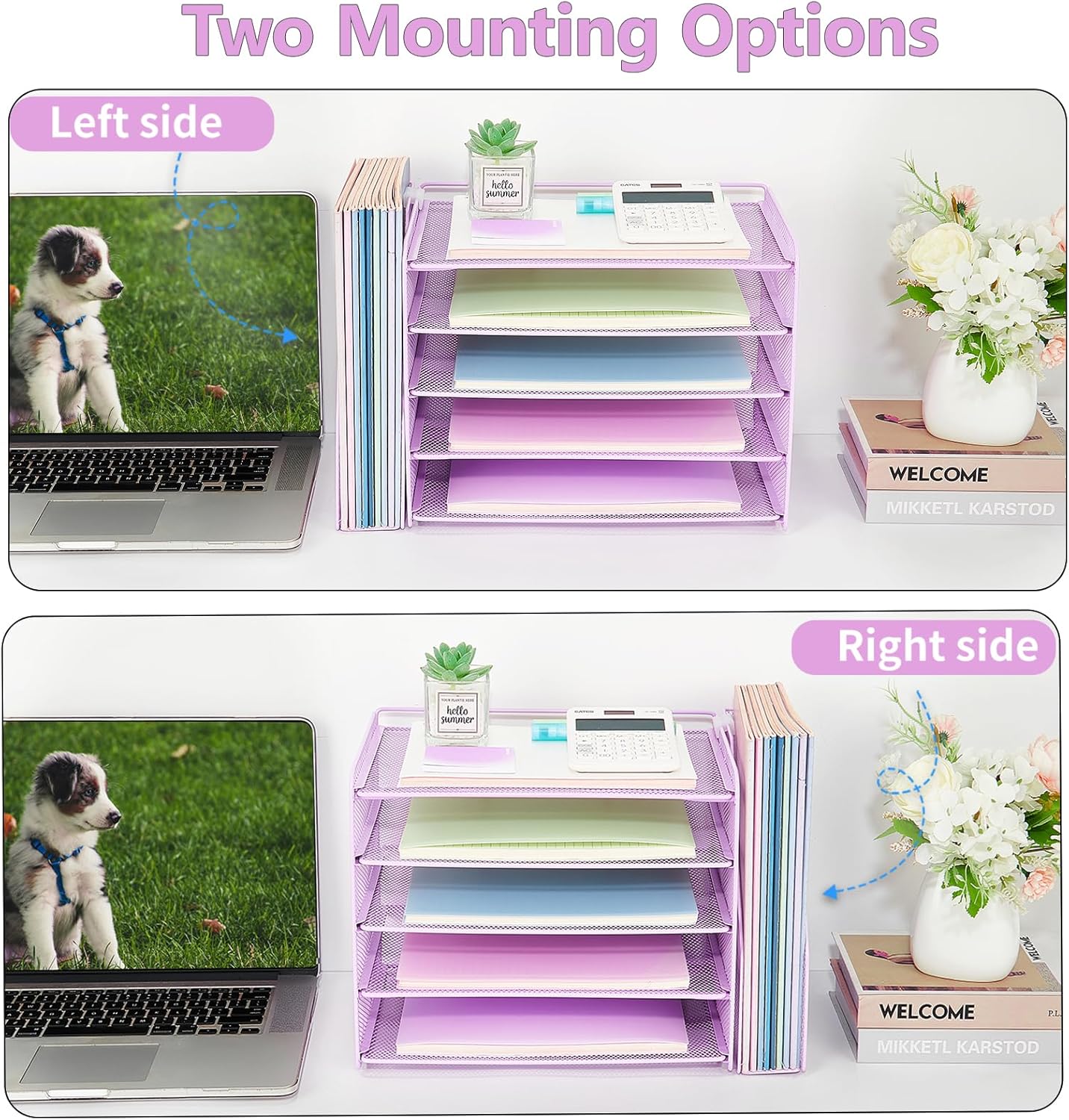 OPNICE Desk Organizer, 5-Tier Paper Organizer Letter Tray with Magazine Holder, Office Desk Accessories & Workspace Organizers, Desktop File Organizer for Office Supplies Storage, Purple