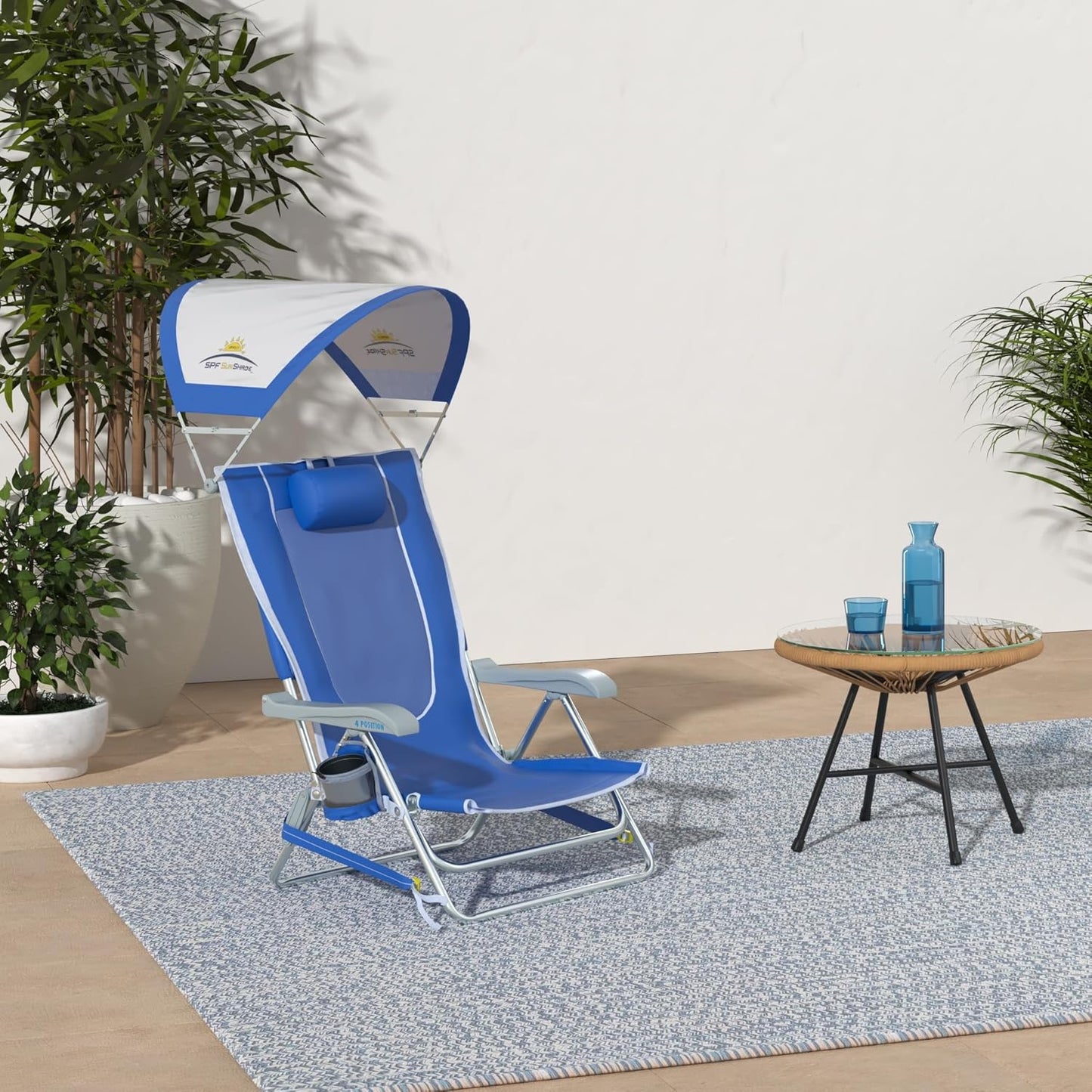 GCI Outdoor Sunshade Backpack Beach Chair | Reclining Folding Canopy Chair with Durable Armrests, Drink Holder & Carry Straps, Perfect for Beach Trips & Picnics — Saybrook Blue