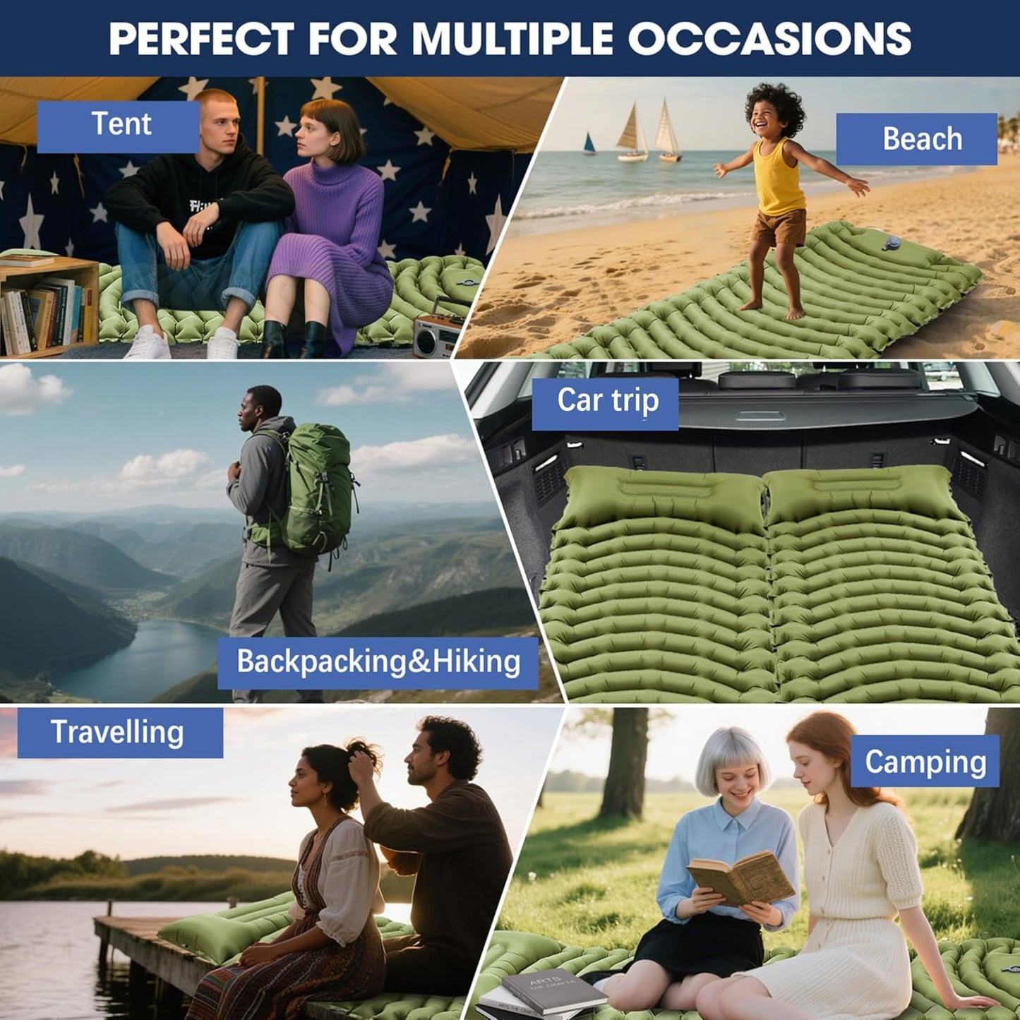 Sleeping Pad for Camping - Ultralight Camping Mattress with Pillow, Built-in Foot Pump, Compact Inflatable Portable Mat for Backpacking, Hiking, Car Traveling, Beach, Tent