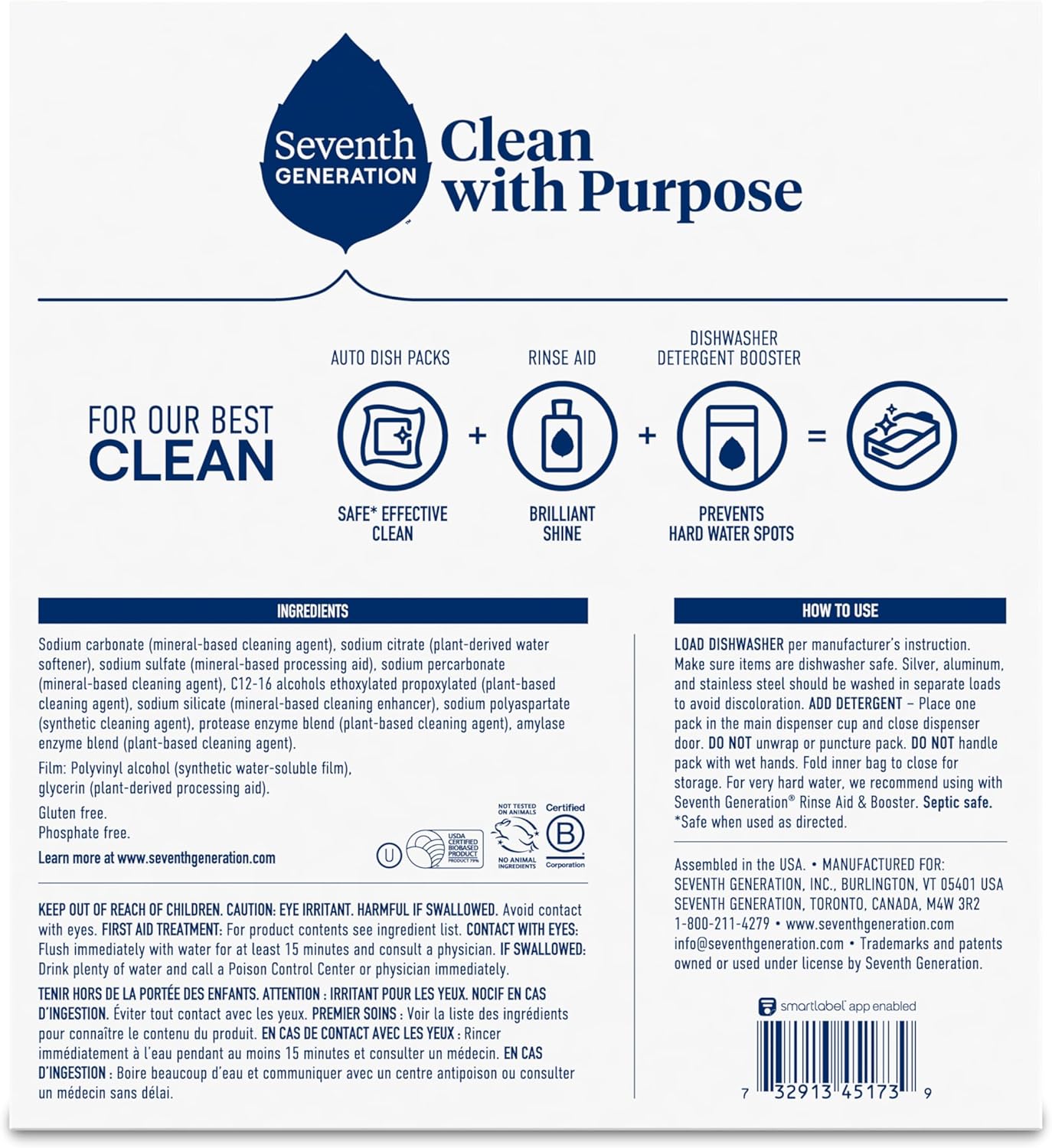 Seventh Generation Dishwasher Detergent Packs, Free & Clear, 72 Count, Pack of 1, Plant Powered Cleaning, Fights Greasy Reside & Stuck-On Food For Sparkling Dishes, Fragrance-Free & Septic Safe