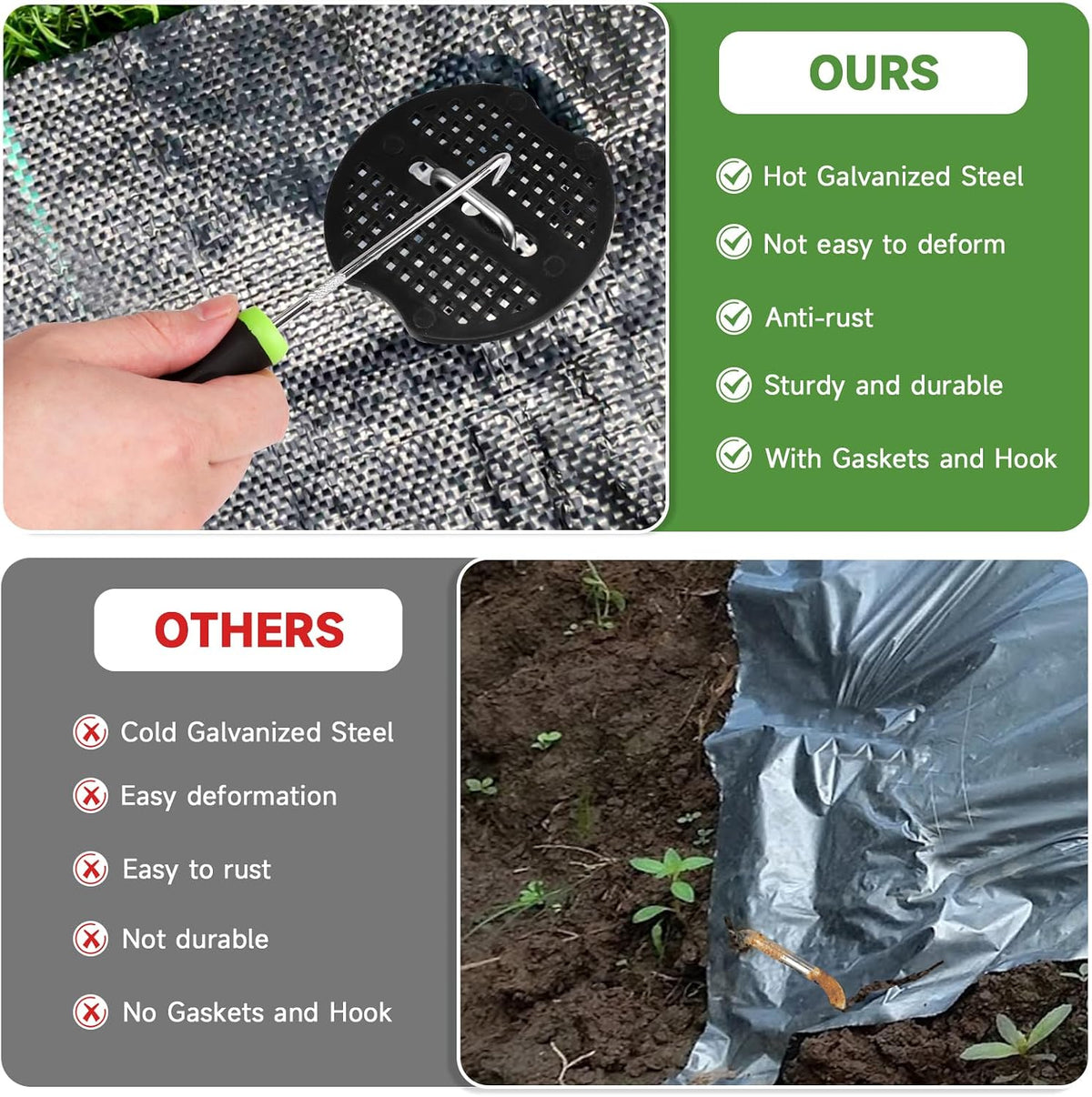 JELNER Garden Stakes,6 Inch 11 Gauge 100pcs Galvanized Landscape Staples + 100pcs Gaskets + 1Pick Hook, Tent Stakes Landscaping Fabric SOD Pins for Weed Fabric Barrier,Groud Cover,Fence
