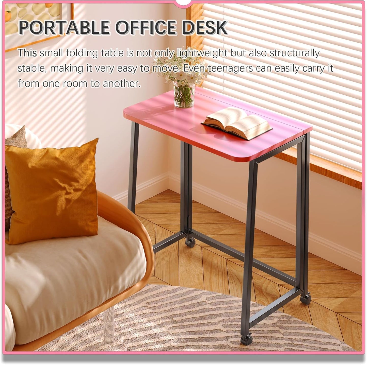 4NM 23.6" Mobile Small Folding Desk, Foldable Rolling Computer Home Office Desk, Study Writing Table for Small Space Saving Bedroom, with Wheels - Pink and Black