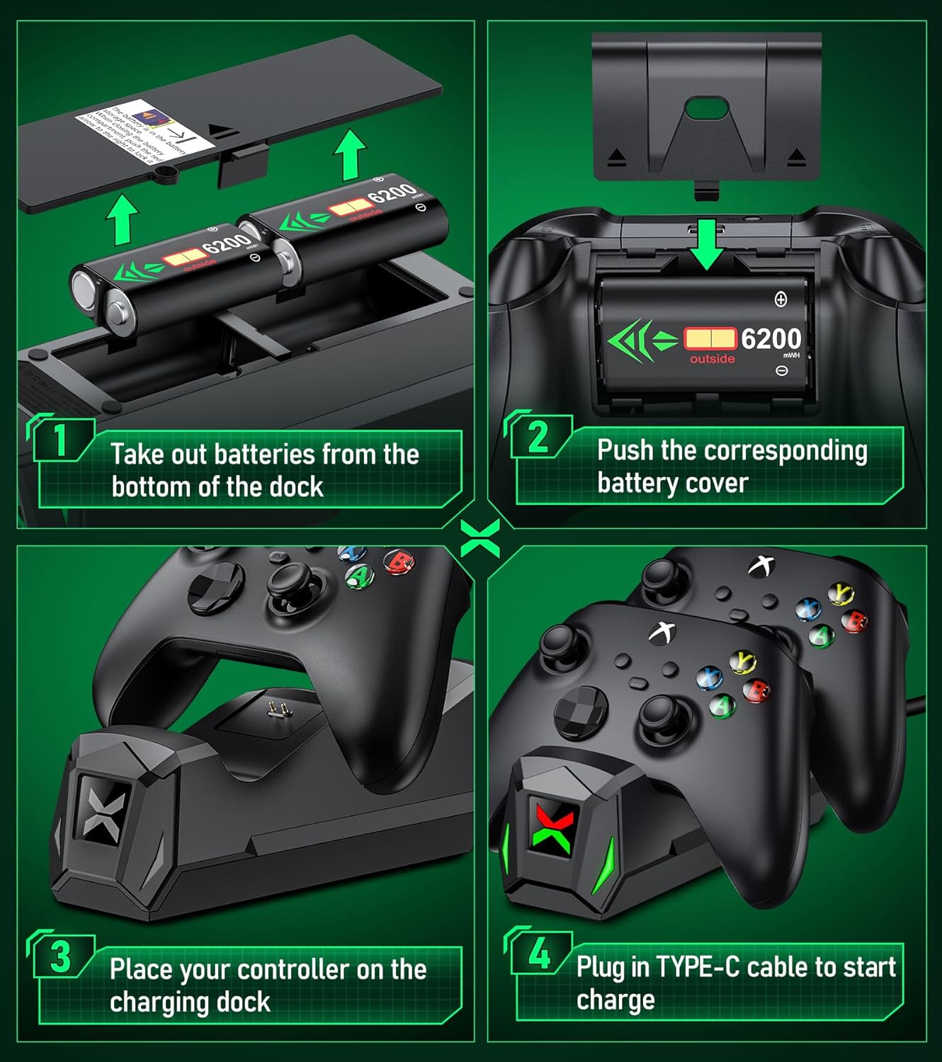 Upgraded Controller Charger Station with 2x6200mWh Rechargeable Battery Packs for Xbox One/Series X|S, Dual Charging Dock for Xbox One Battery Pack (Controller not Included)