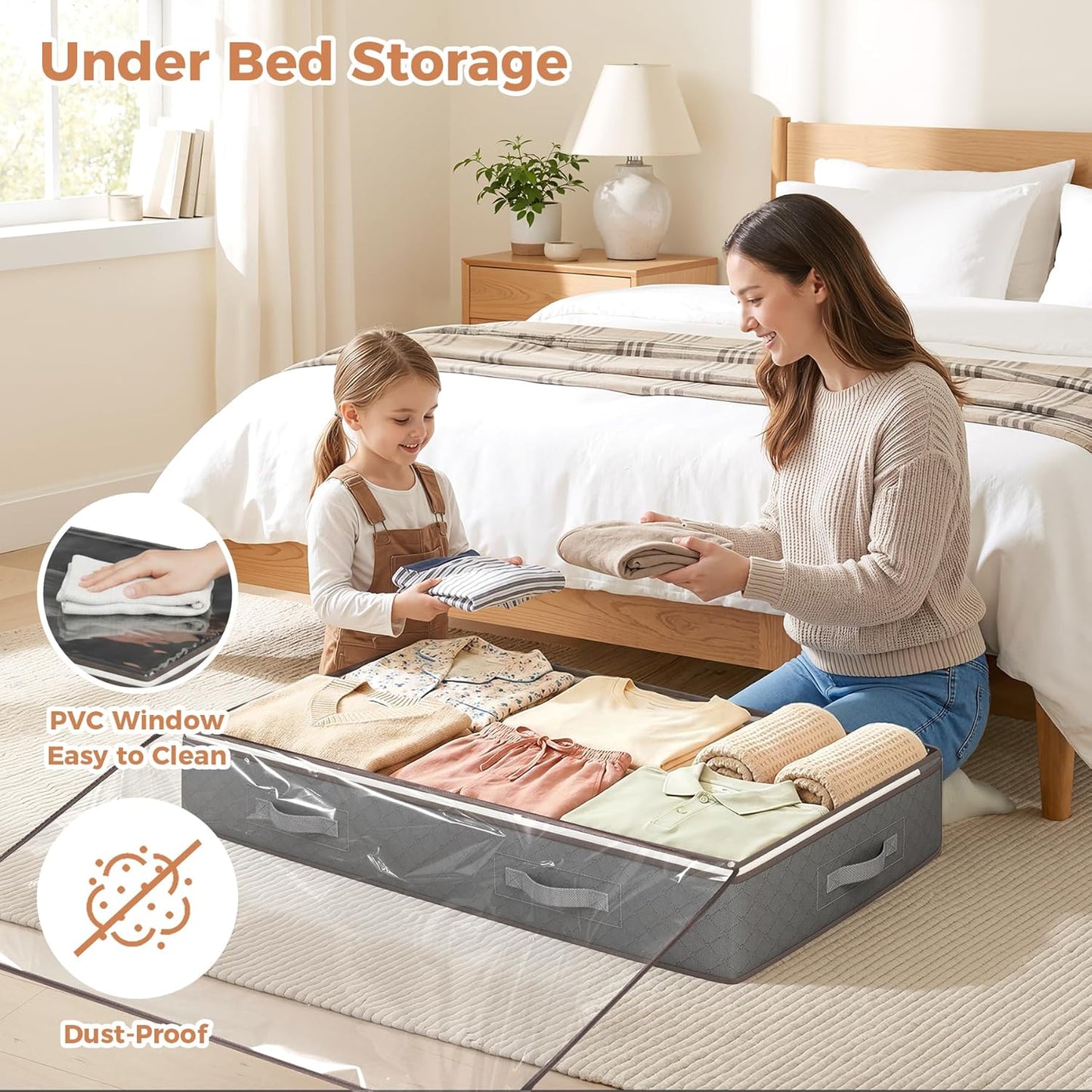 Budding Joy 90L Under Bed Storage Containers, Closet Organizers and Storage Bins, Foldable Underbed Storage Bags for Linen Sheets, Blanket, Clothing, Comforter, Sweaters, Pillows, Wrapping Paper, Grey
